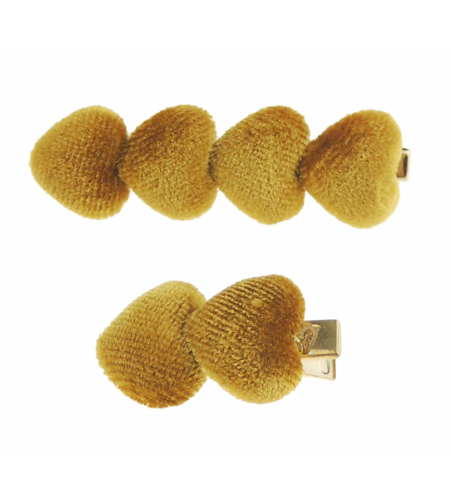 Womens Girls Set of 2 Velvet Puffy Hearts School Birthday Party Hair Accessories Styling Clip Barrette Slide Hairpin Sectioning Grips Concorde Beak Duckbill Clamp Alligator Crocodile (Gold)
