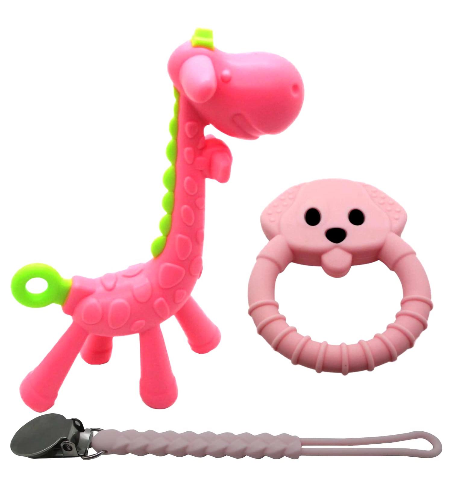 Baby Teething Toy Set - Pink Pacifier Clip, Giraffe & Bear Teethers - BPA Free Silicone Chew Toys for Infants - Freezer Safe - Buy Online on GoSupps.com