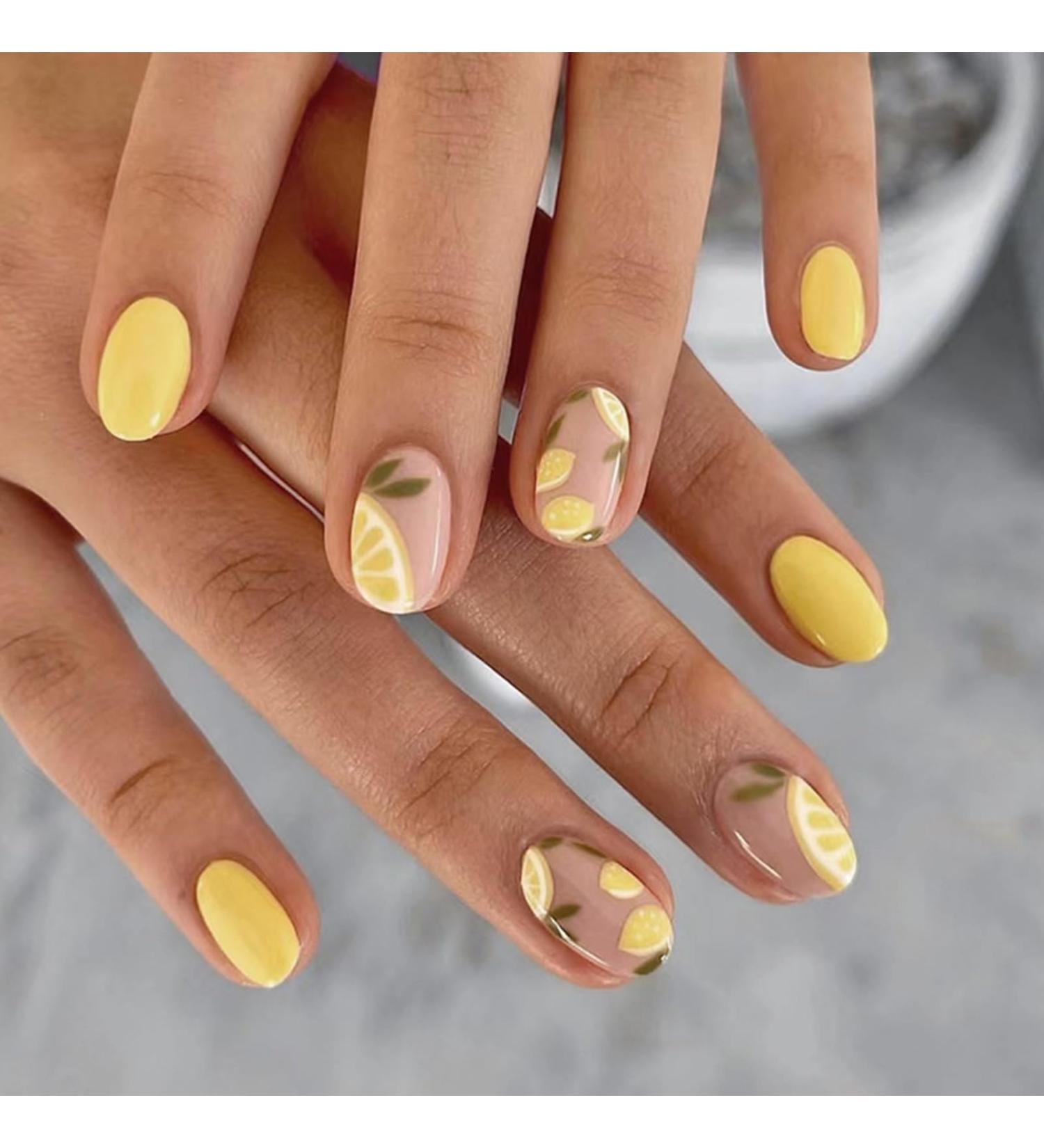 Acrylic Press on Nails - Short Round Lemon Design Fake Nails | 24 Pcs Glossy Yellow Full Cover Stick-ons for Women - Buy Online on GoSupps.com