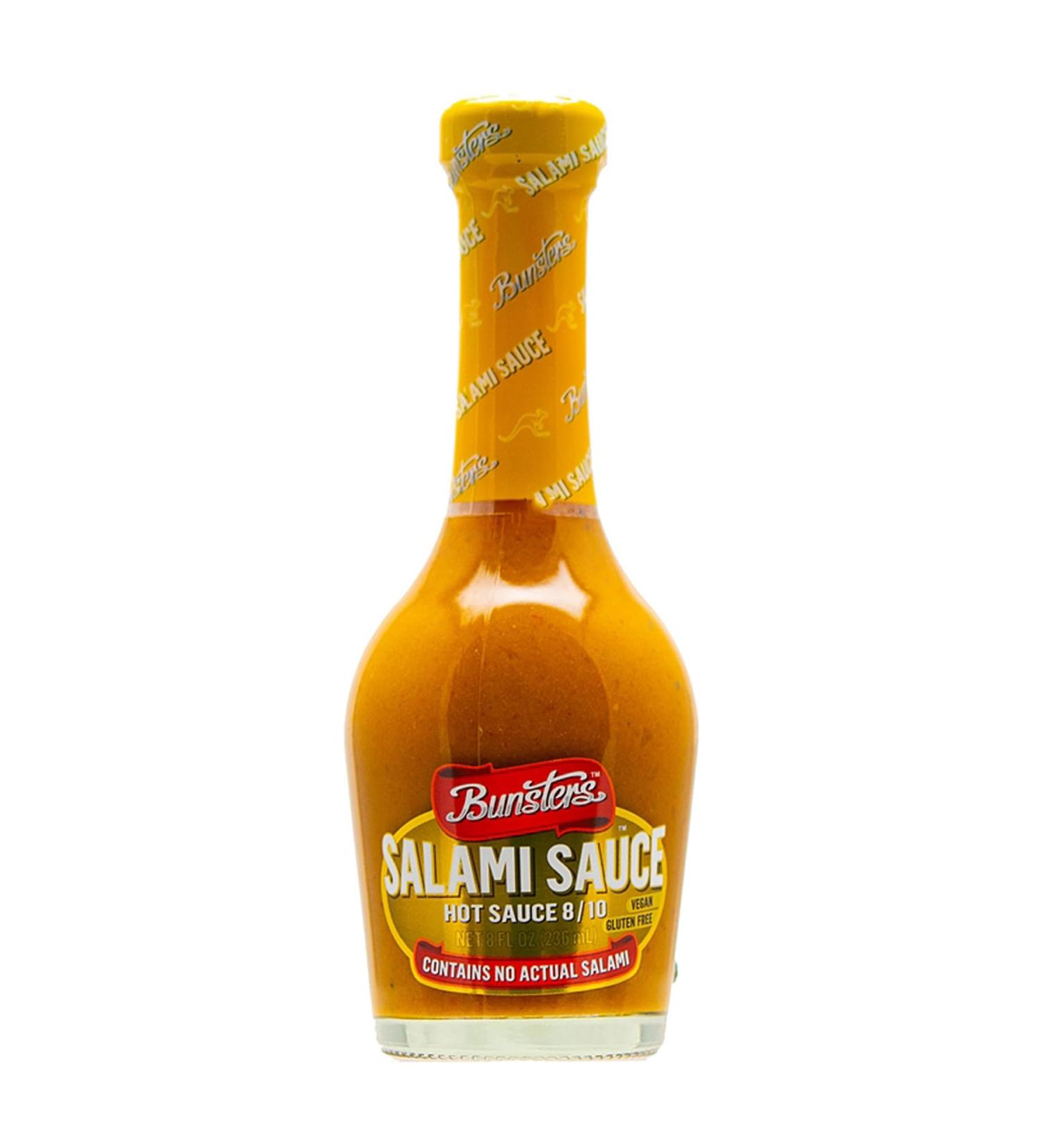 Bunsters Salami Hot Sauce 8/10 Spicy Mustard 236ml Vegan (Contains No Actual Salami)