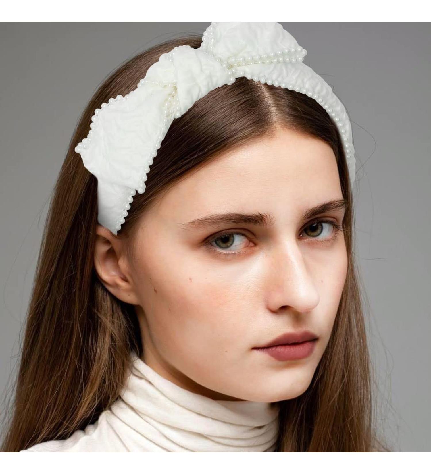 White Bowknot Headband with Pearls - Prom & Wedding Hair Accessory - Buy Online on GoSupps.com