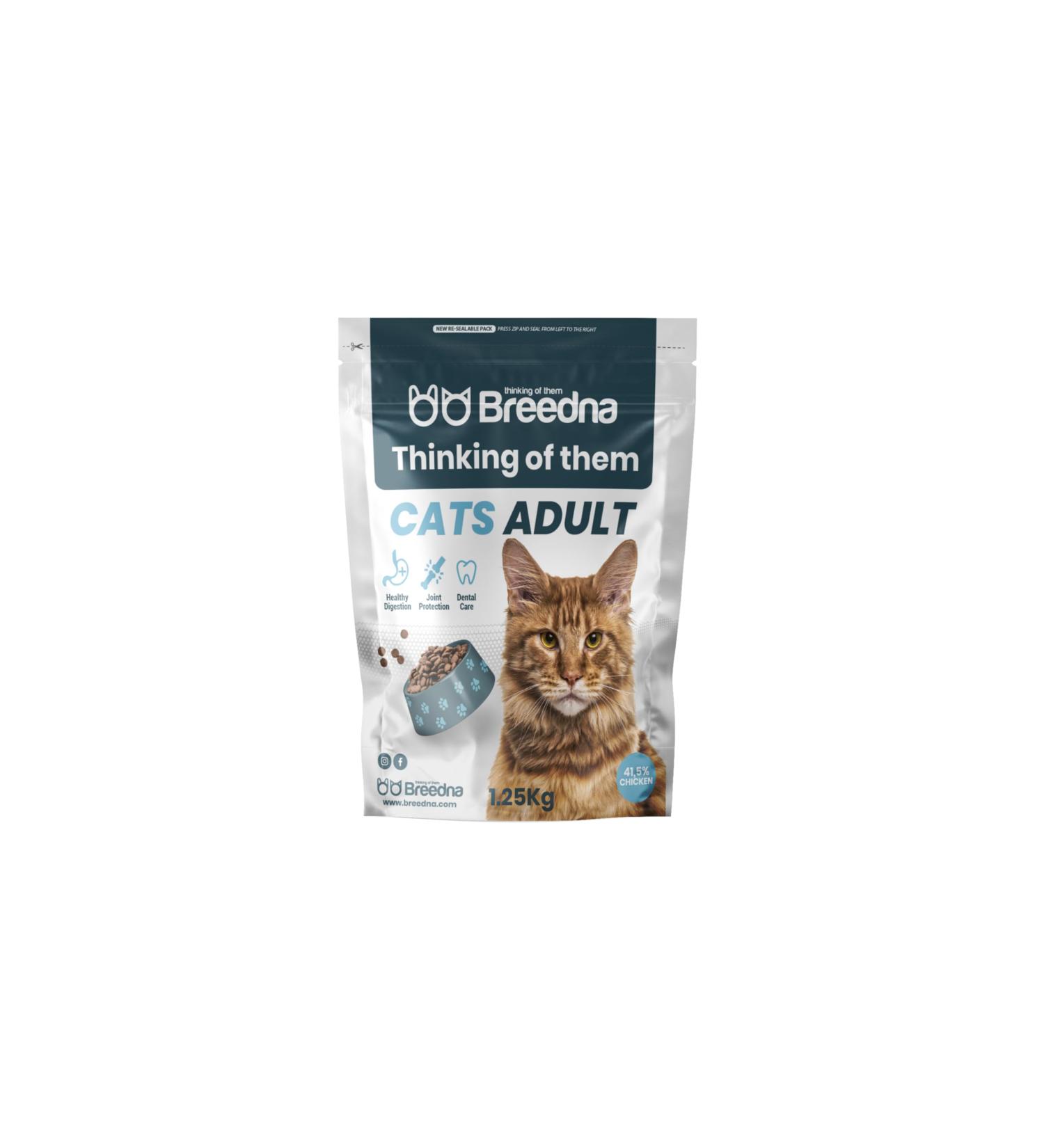 BREEDNA - Cat Adult 1.25kg | Cat Food with Dehydrated Chicken | Cat Food for Cardiac and Visual Health | Adult Cat Food - Buy Online on GoSupps.com
