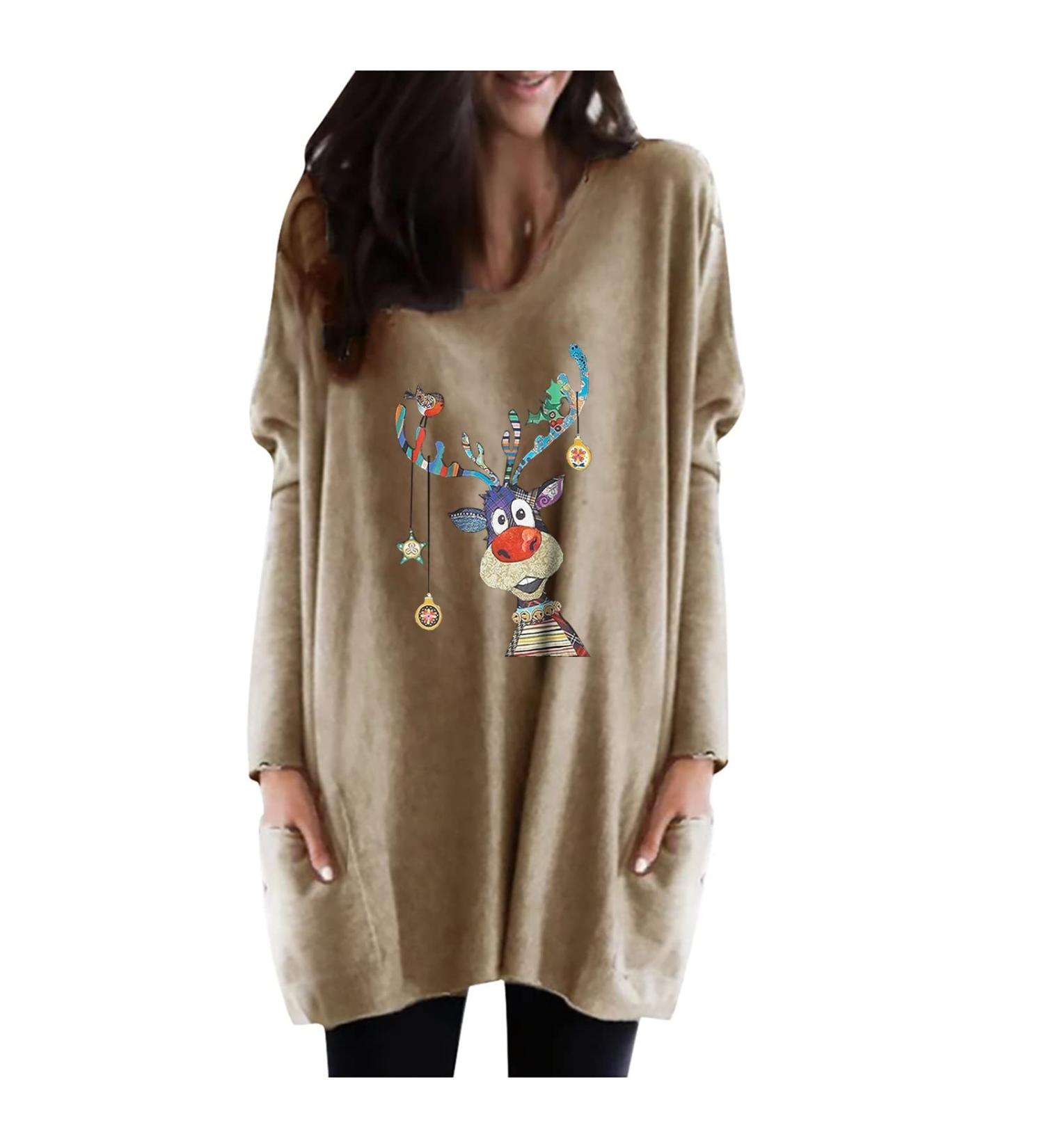 Shop Generic Women's Christmas Sweater - Round Neck Long Sleeve Holiday Pullover with Pockets in Khaki - Perfect for International Shipping - Buy Online on GoSupps.com