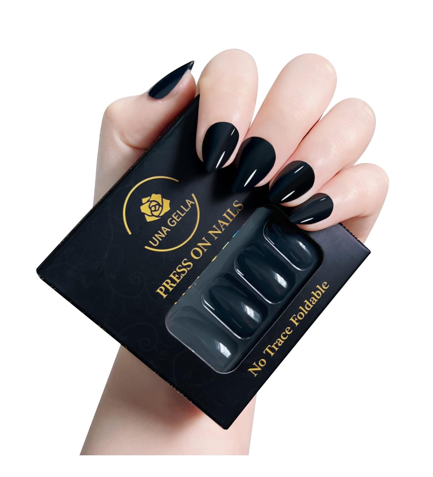 UNA GELLA Black Short Almond Acrylic Press On Nails - Long Lasting & Reusable for Women and Girls | 12 Sizes, 24 Pcs Gel Jelly Color Tips in Elegant Box - Buy Online on GoSupps.com