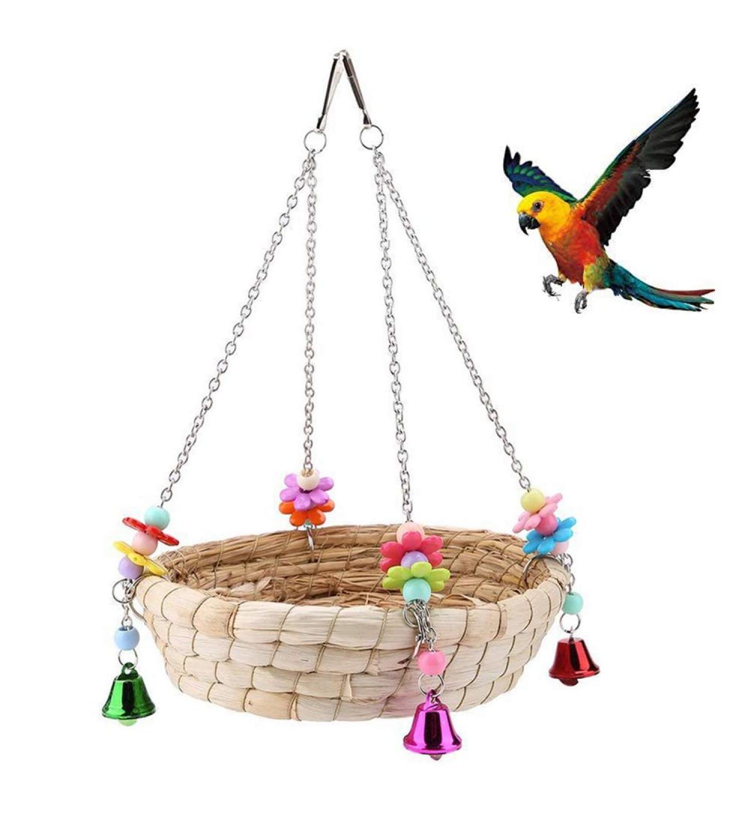 Bird Parrot Toy Parrot Bird Nest Natural Hand Woven Straw Nest Bed Swing with 4 Metal Bells Swing for Birds Perched Parrot - Buy Online on GoSupps.com