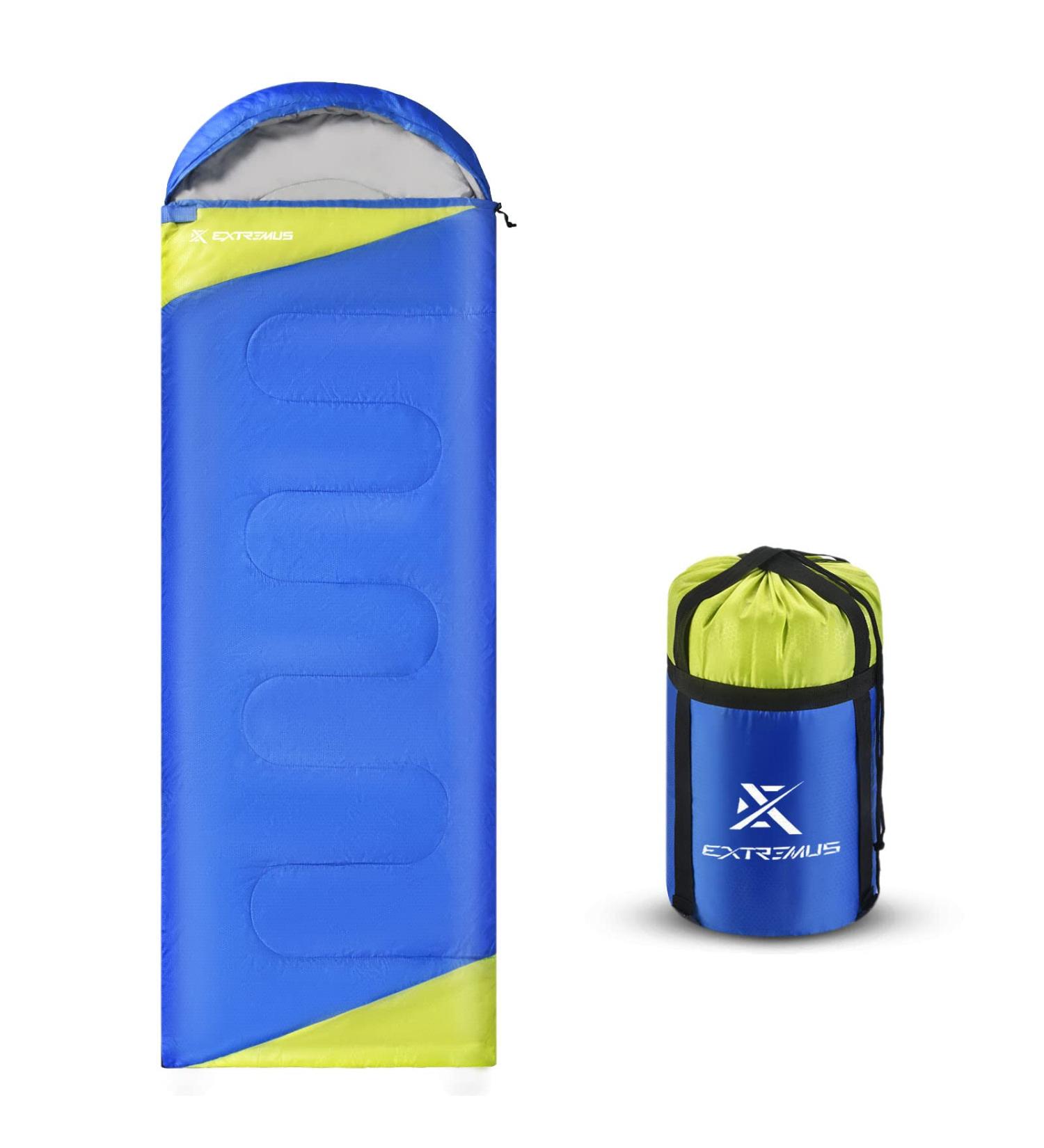 Extremus 3-Season Rectangular Camping Sleeping Bag - Lightweight Water Repellent Single/Double Backpacking Gear with Compression Straps - Royal Blue/Chartreuse - Buy Online on GoSupps.com