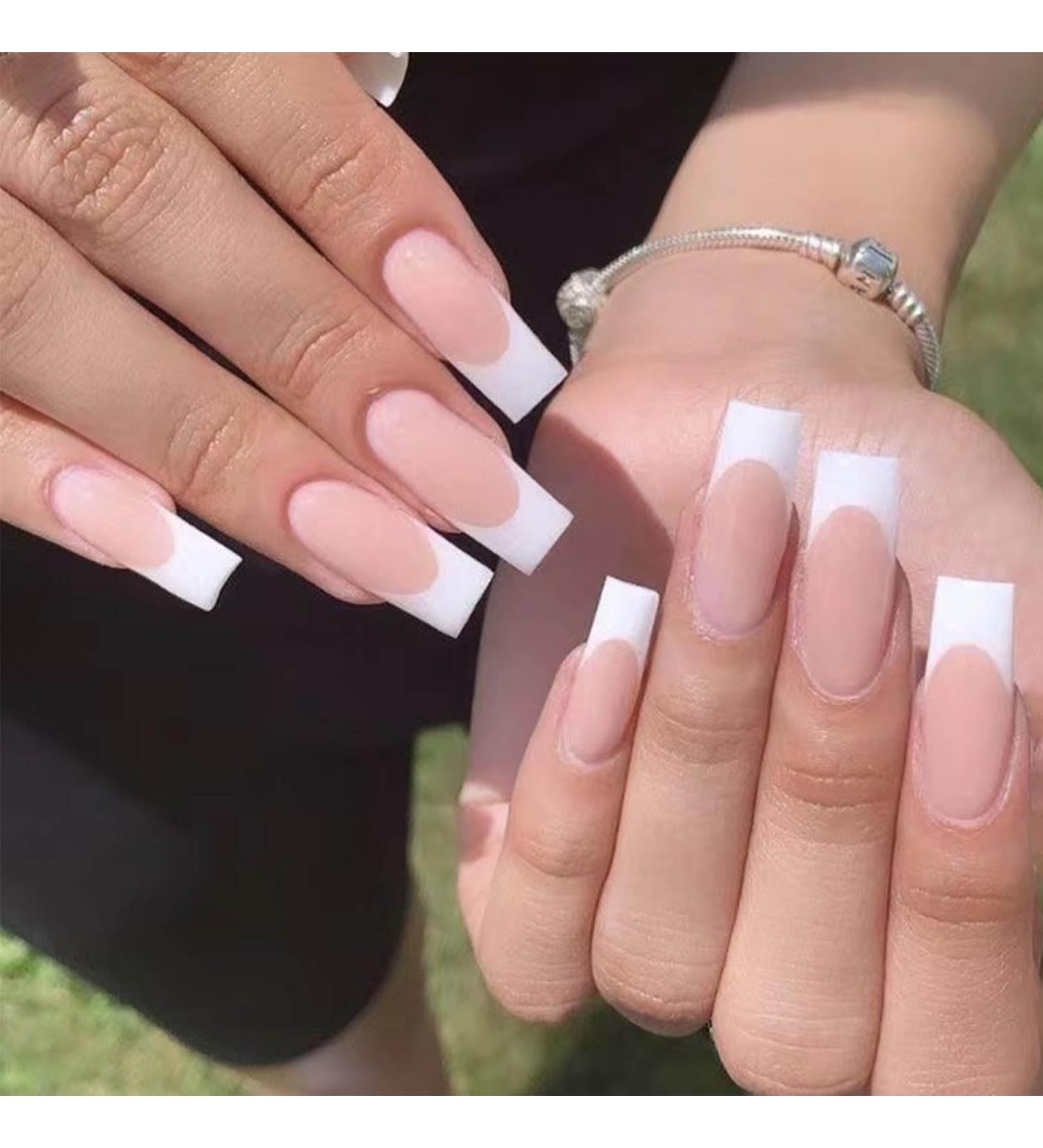 Square Fake French Nails - Long Full Cover Acrylic Nails for Women & Girls - 24PCS (Color 4) | Best Quality False Nails - Buy Online on GoSupps.com