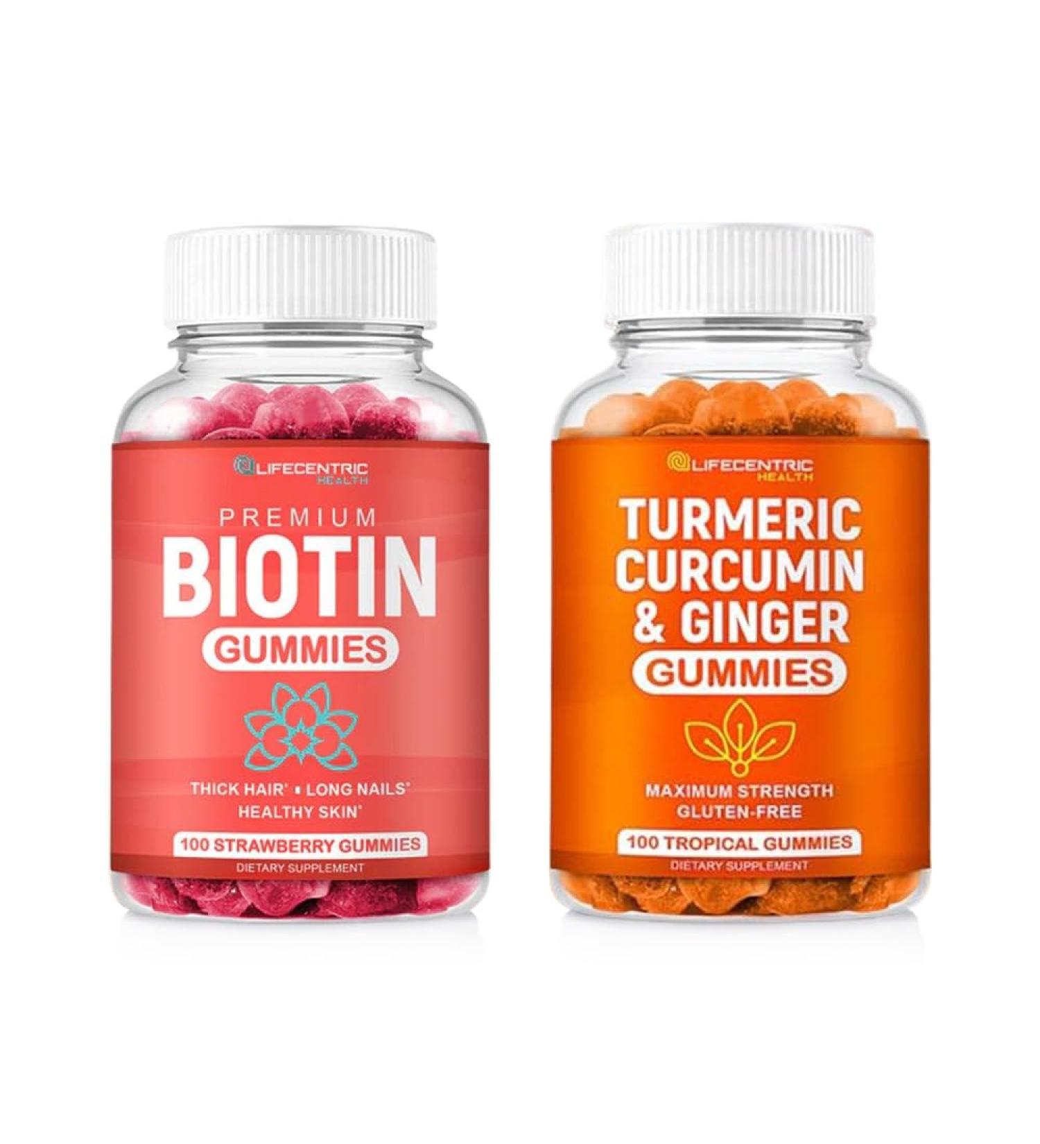 Biotin & Turmeric Vegan Gummies Combo | Max Strength Hair Growth Skin Health and Overall Wellness | 10000mcg Biotin & 95% Standardized Turmeric Curcumin | Natural Non-GMO and Gluten-Free Supplement - Buy Online on GoSupps.com
