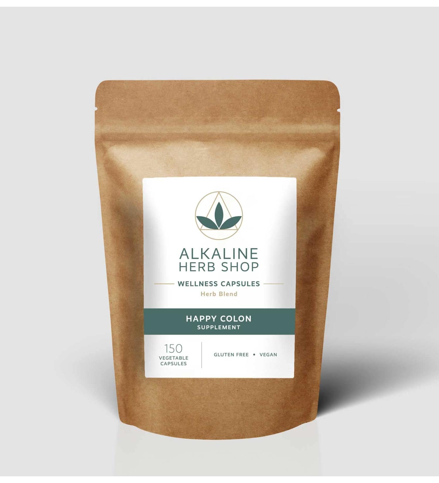 Alkaline Herb Shop - Happy Colon Cleanse - Made With Natural Wildcrafted & Organic Herbs - Cascara Sagrada Ginger Rhubarb Root Prodigiosa & Blessed Thistle - Vegan - Gluten-Free - 150 Veg Capsules