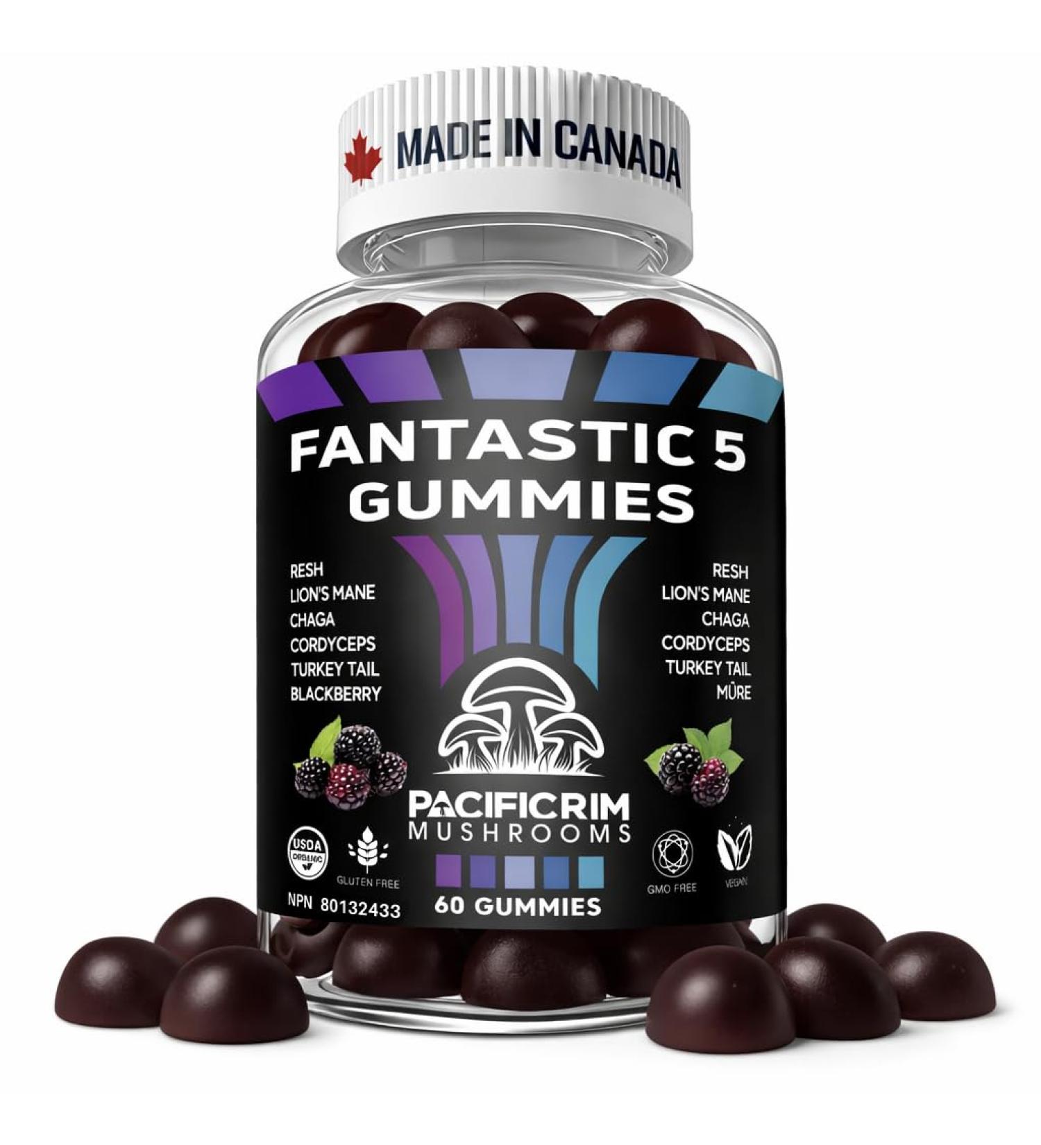 Pacific Rim Mushrooms Fantastic 5 Organic Mushroom Gummies 12 500 mg Lion s Mane Reishi Cordyceps Turkey Tail & Chaga Natural BlackBerry 60 Gummies - Buy Online on GoSupps.com