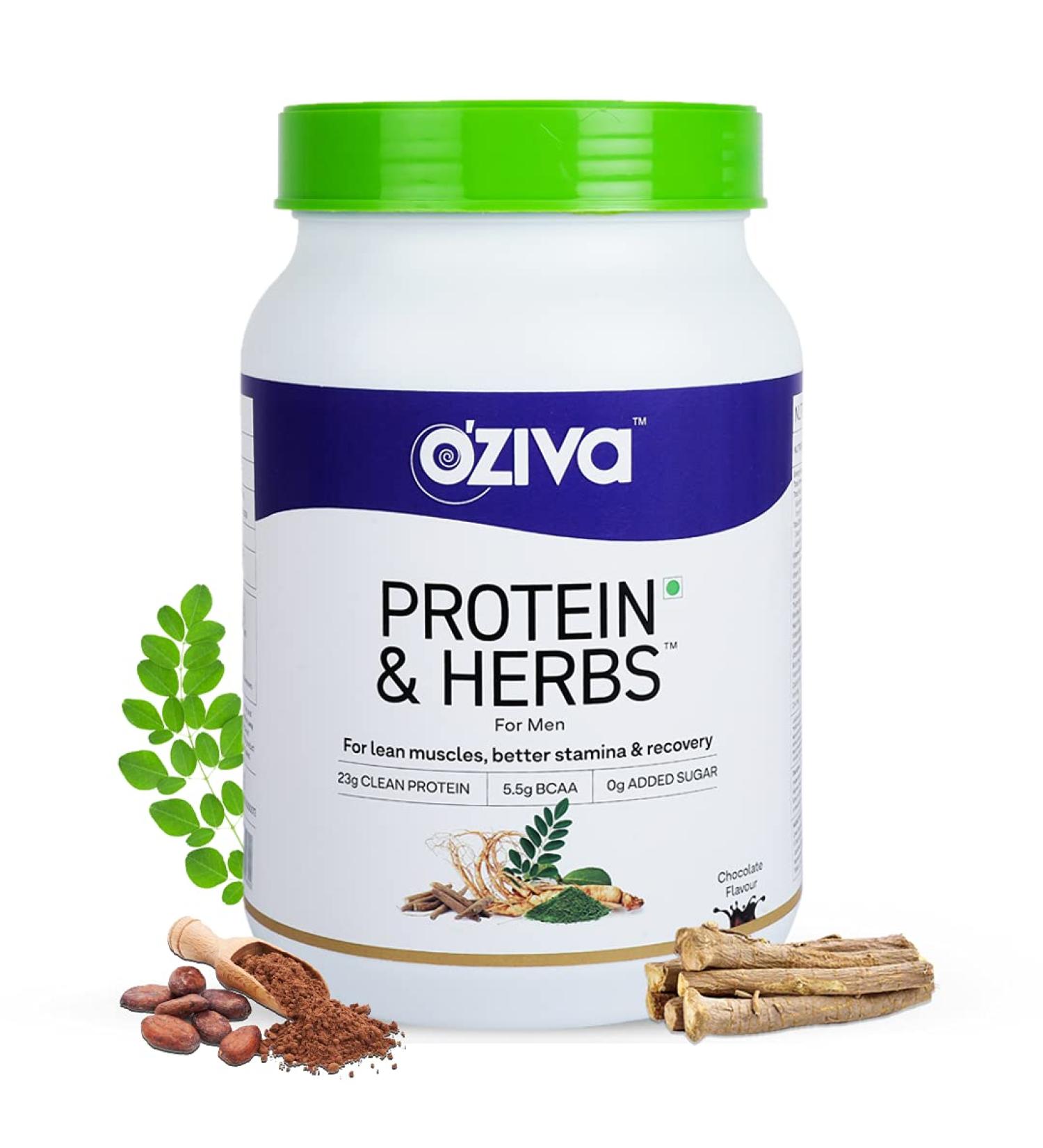 Oziva Protein & Herbs Men with Multivitamins Ashwagandha Brahmi Maca Musli - 2.2 lbs Chocolate | Boost Stamina, Lean Muscles & Recovery | Soy Free, Gluten Free, Non GMO - Buy Online on GoSupps.com