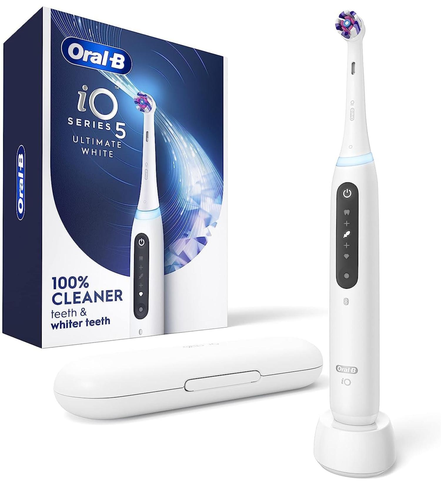 Oral-B iO Series 5 Ultimate White Rechargeable Electric Toothbrush with Visible Pressure Sensor, 2 Minute Timer, 5 Cleaning Settings, 1 Replacement Toothbrush Heads, and Travel Case, White - Buy Online on GoSupps.com
