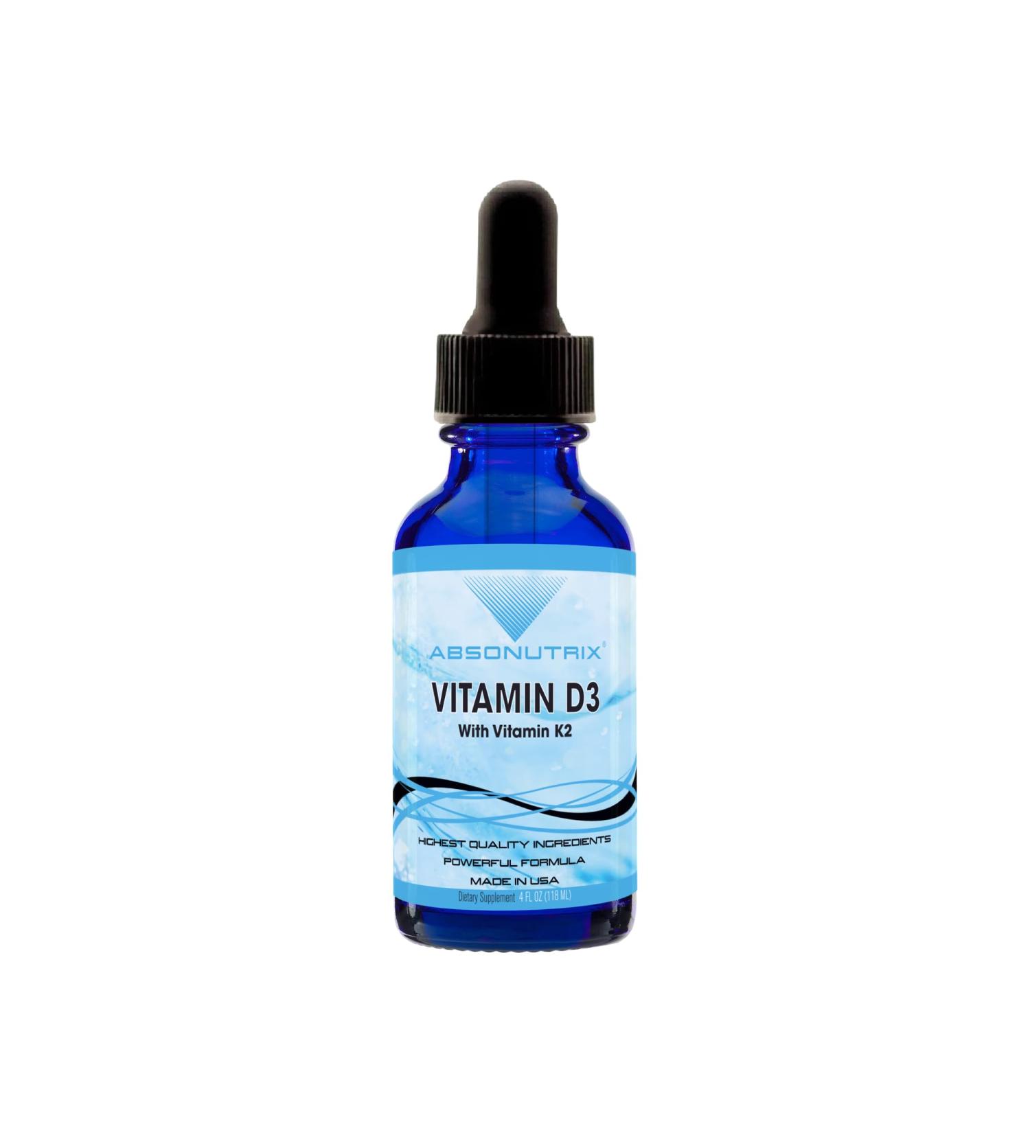 Absonutrix Vitamin D3 K2 Drops 390mg 4 Oz Liquid 302 Servings Made in USA Quick Absorption Quality Potent Ingredients Non-GMO GMP Certified Cruelty-Free Products Bone Strength Supplements - Buy Online on GoSupps.com