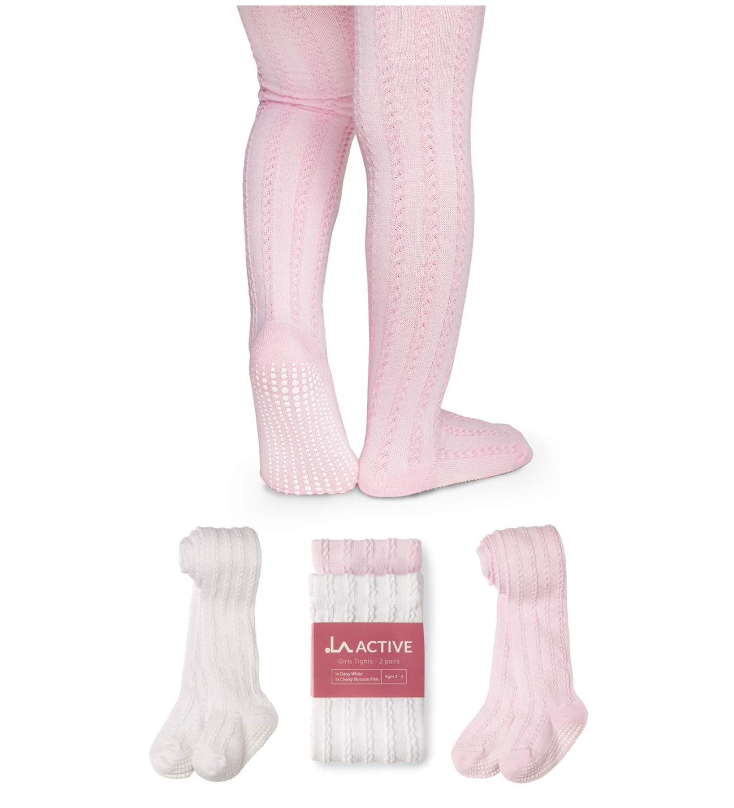 LA Active Baby Girls Cozy Winter Tights | Non Skid Grip Cable Knit | 2 Pack (Daisy White & Cherry Blossom Pink) | Sizes 6-12 Months, 2T-5T - Buy Online on GoSupps.com