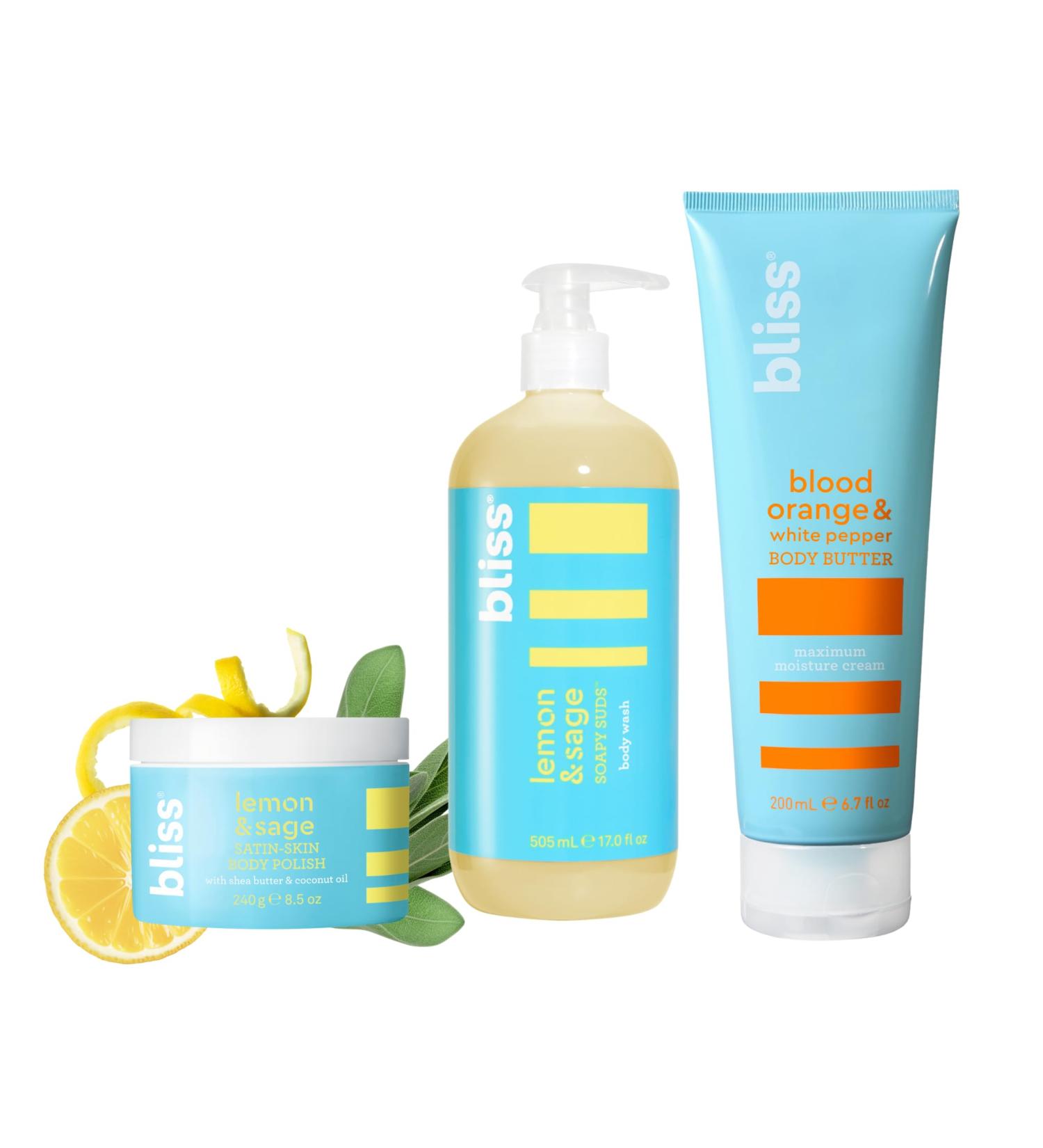 Bliss Body Summer Trio: Blood Orange and White Pepper Body Butter Lemon and Sage Soapy Suds Body Wash and Satin-Skin Body Polish - Buy Online on GoSupps.com