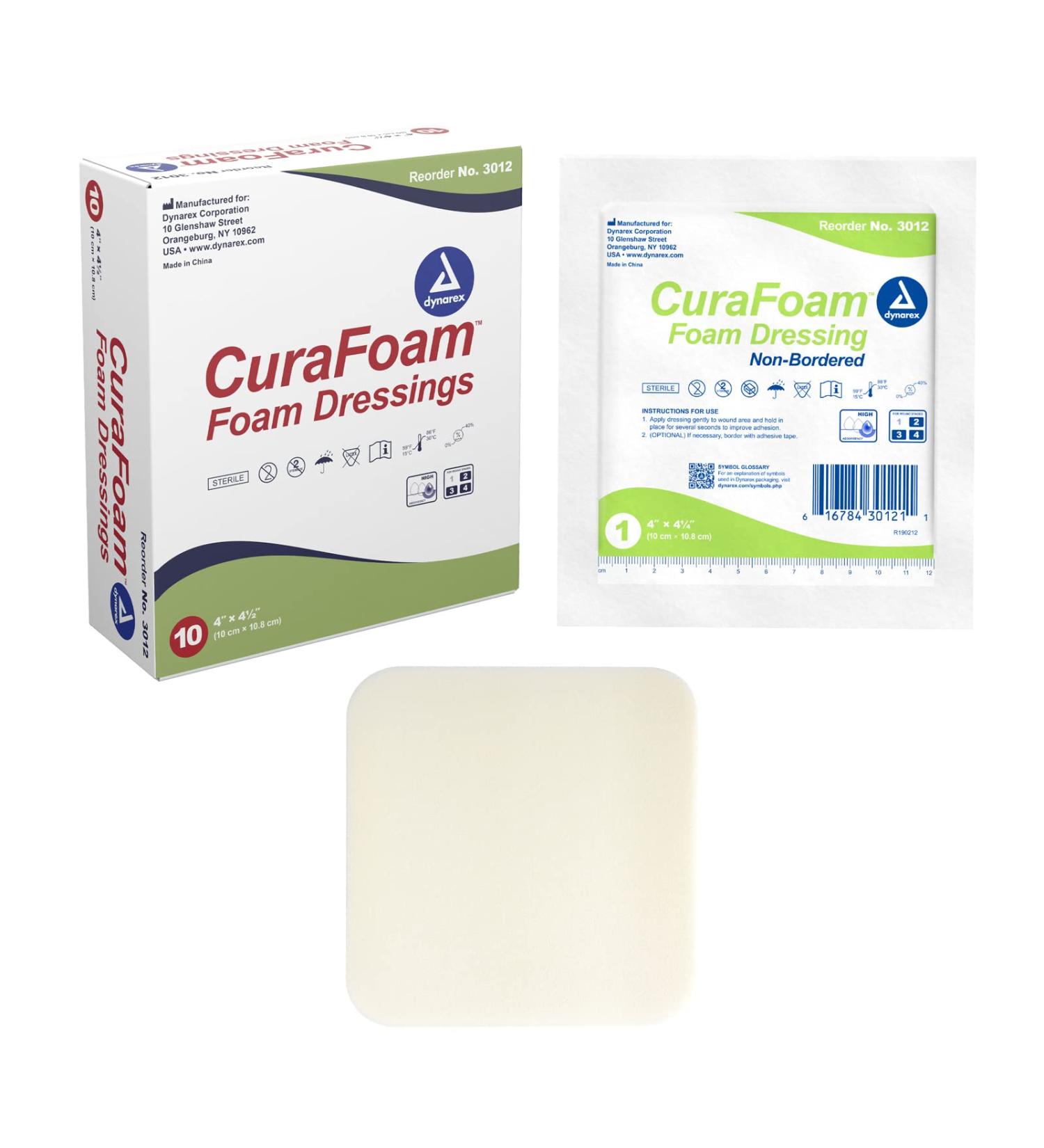 Dynarex CuraFoam Foam Dressings 4 x 4.25 Inch/10 Count - Sterile Non-Bordered Pads for Medium to Heavy Exuding Wounds - Cushioned Moist Wound Care - 1 Box - Buy Online on GoSupps.com