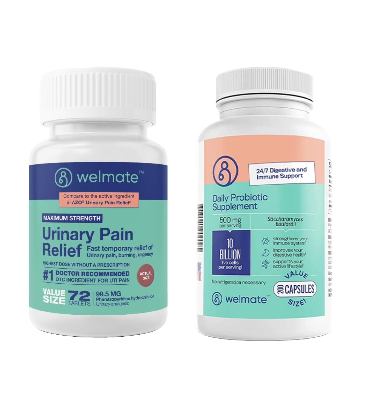 WELMATE Urinary Track Comfort & Digestive Balance Kit: Urinary Pain Relief 99.5mg (72 Ct) & Saccharomyces Boulardii Probiotic (200 Ct) | Enhanced Urinary and Gut Health Support - Buy Online on GoSupps.com