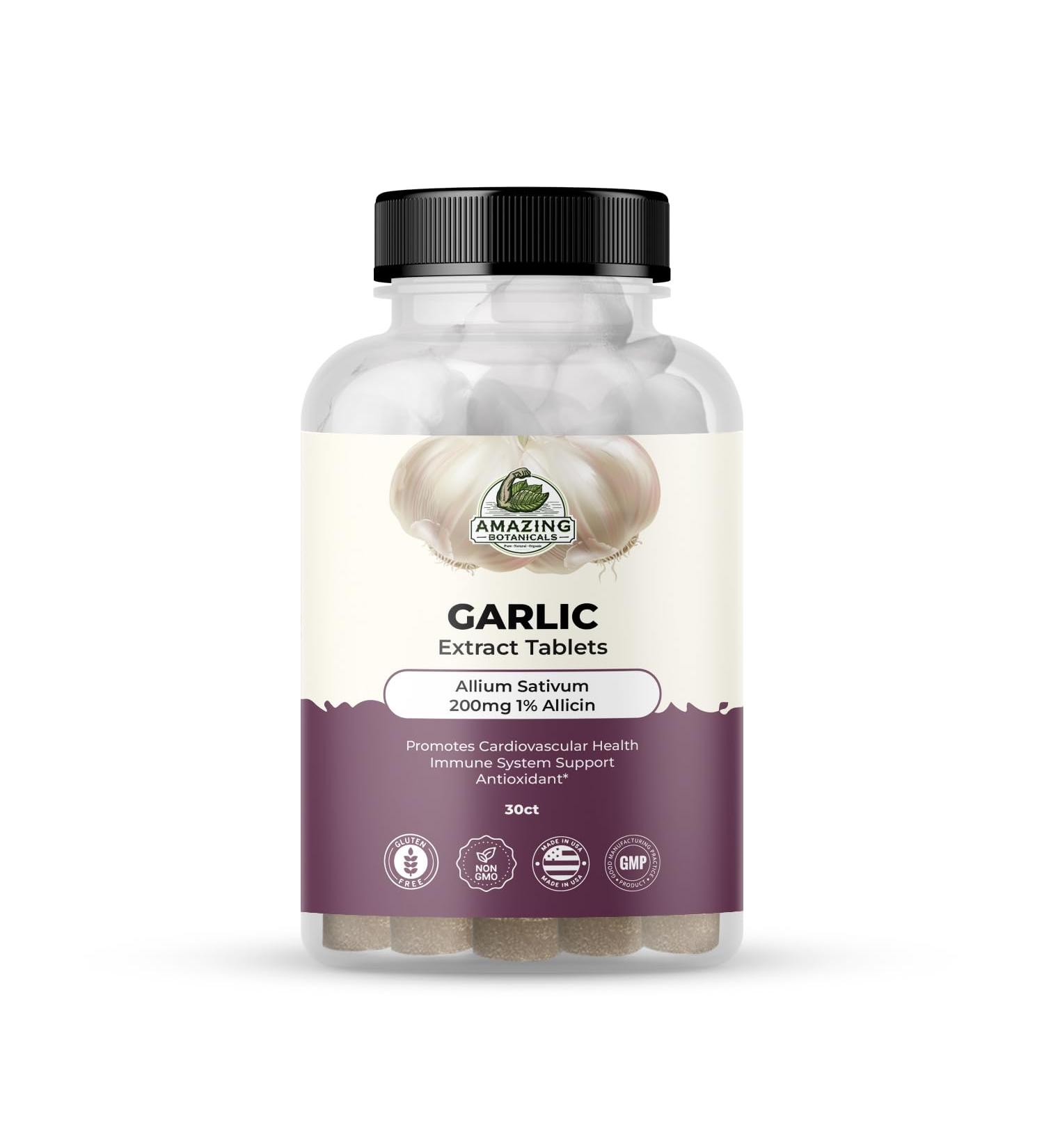 Amazing Botanicals Garlic Extract Tablets - Allium Sativum 200mg 1% Allicin - High Potency Herbal Supplement for Wellness and Vitality - 30 Count - Buy Online on GoSupps.com
