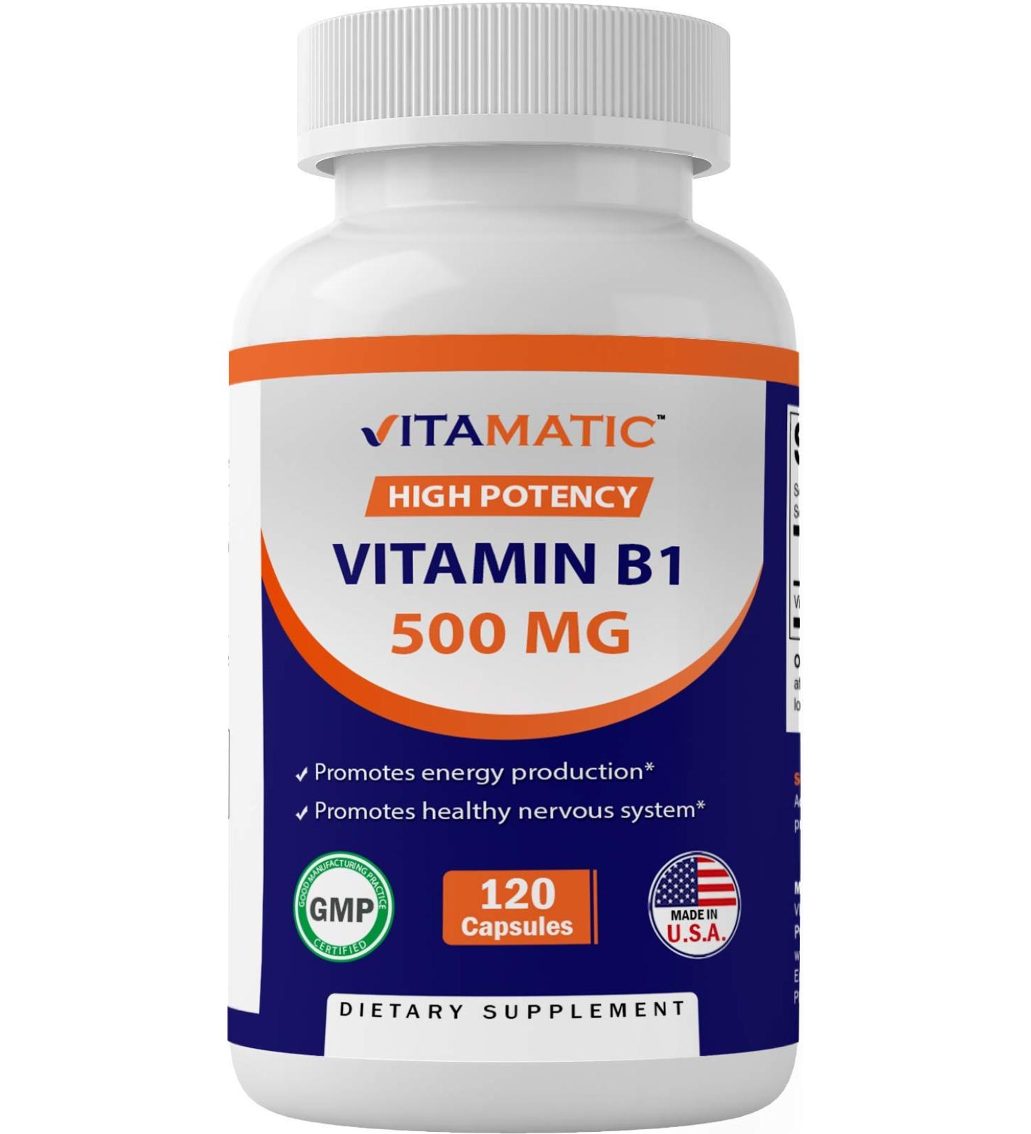 Vitamatic Vitamin B1 (Thiamine) 500mg 120 Capsules - Essential B Vitamin Supplement - Buy Online on GoSupps.com