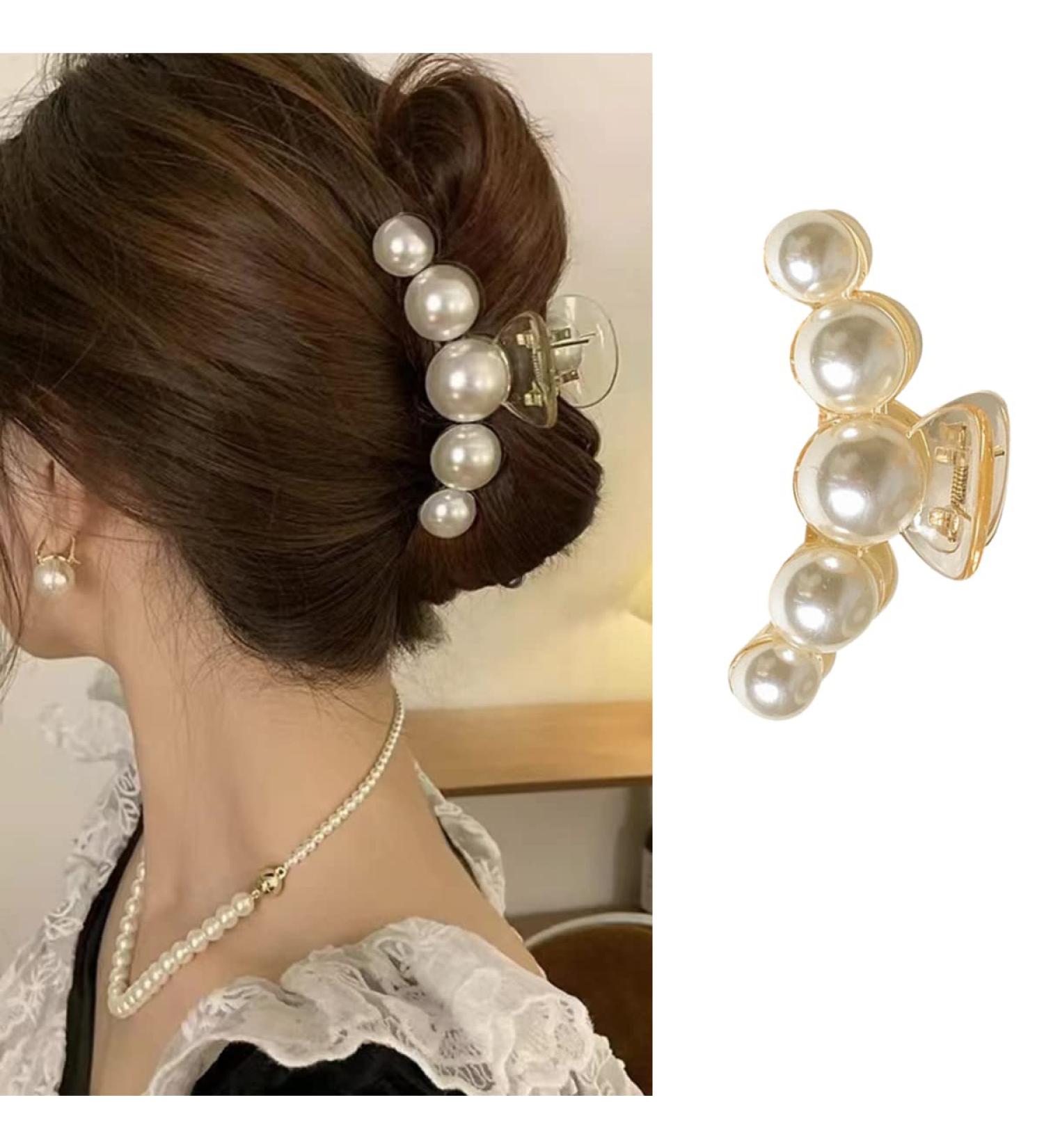 Elegant Geometric Pearl Hair Claw for Women and Girls | Non-Slip White Acetate Hair Clip for Thick and Thin Hair | Rhinestone Detailing - Buy Online on GoSupps.com
