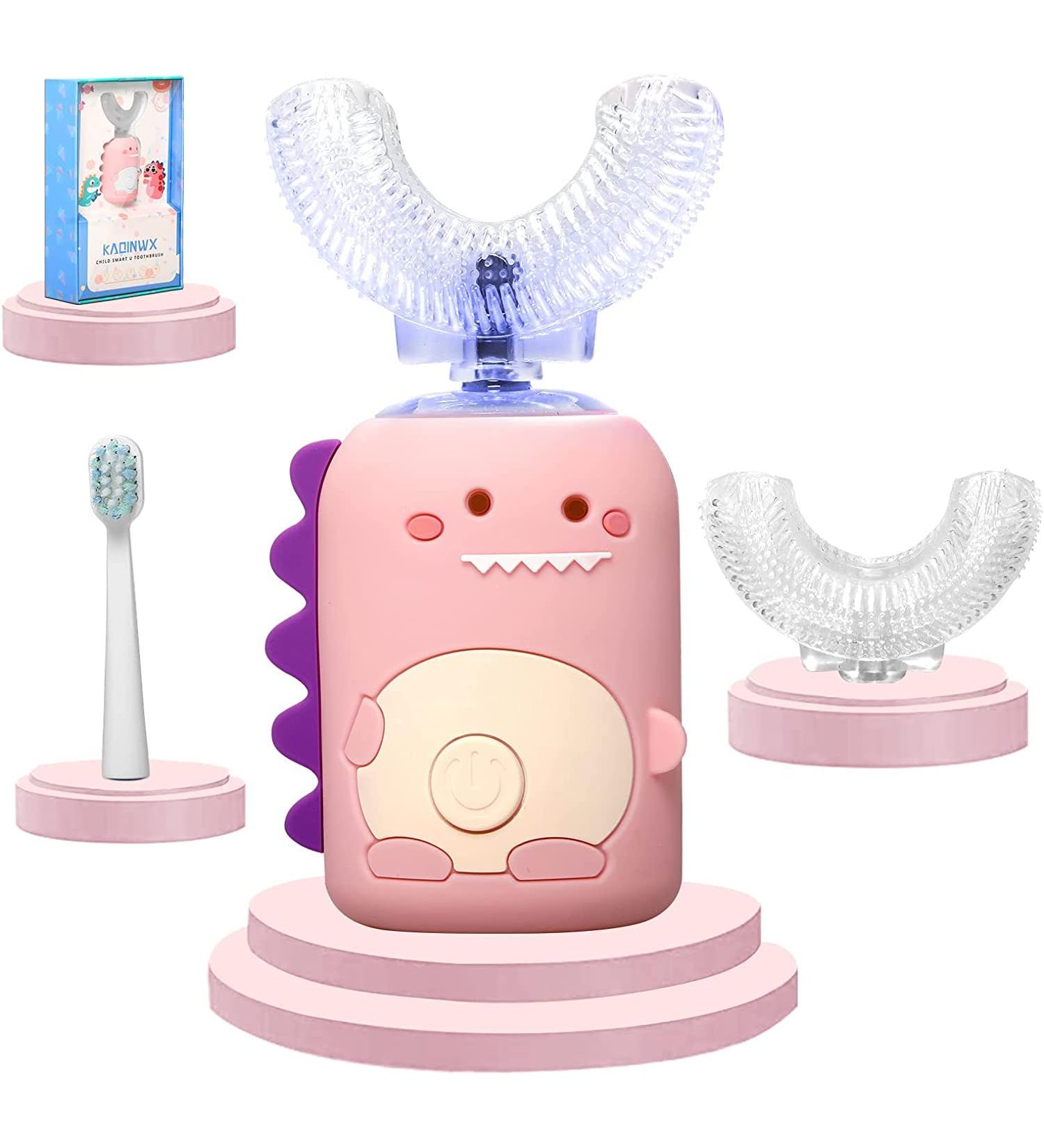 KAQINWX Kids Electric Toothbrush - U-Shaped Ultrasonic, Rechargeable, Smart Timer, 3 Brush Heads, 3 Modes - Pink | Ages 2-12 - Buy Online on GoSupps.com