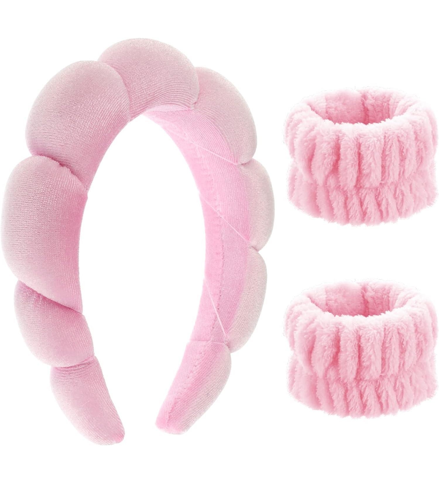 Puffy Makeup Headband - Spa Headbands Wristband Sets for Women Sponge & Terry Towel Cloth Fabric Cute Skincare Headband for Face Washing (Pink) - Buy Online on GoSupps.com