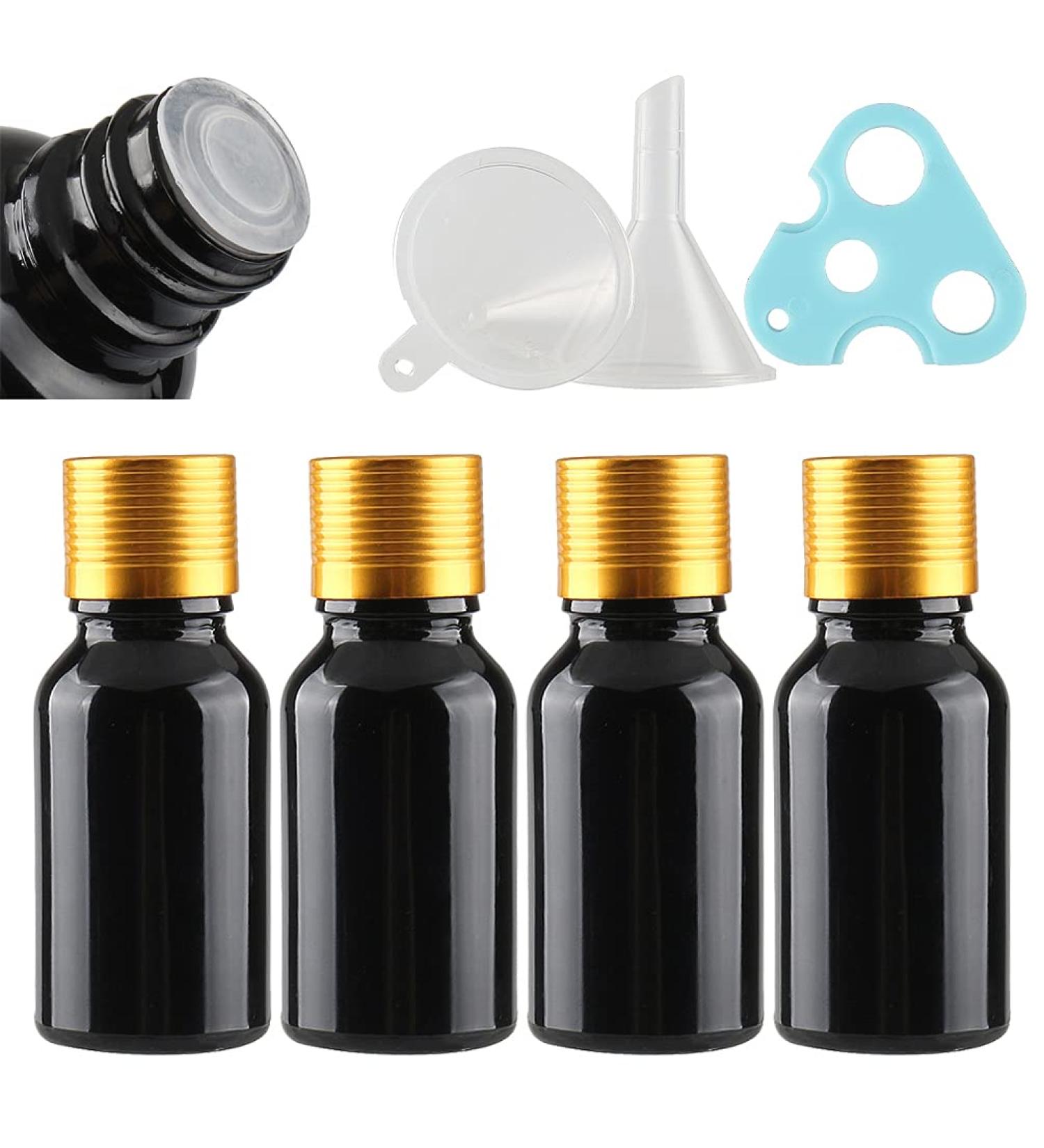 Tianzd 15ml Black Glass Bottles - 4 Pack | Sealed Stopper & Gold Cap for Essential Oils Perfumes & Aromatherapy - Buy Online on GoSupps.com