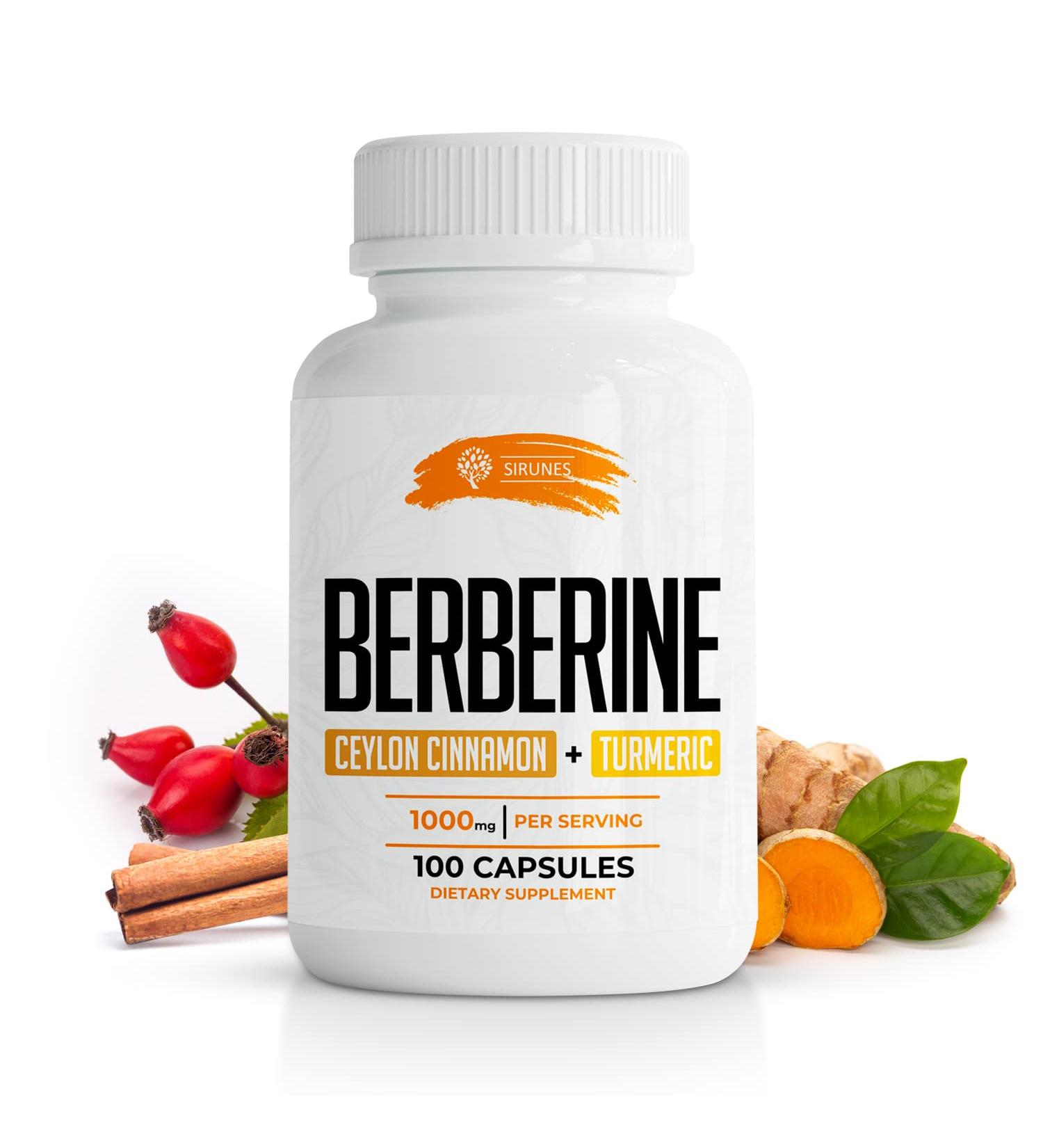 SIRUNES Berberine Capsules with Ceylon Cinnamon & Turmeric - 1000mg Berberine HCL Dietary Supplement for Immune Support, Heart Health & Cholesterol - Non GMO, Ideal for Men and Women - Buy Online on GoSupps.com