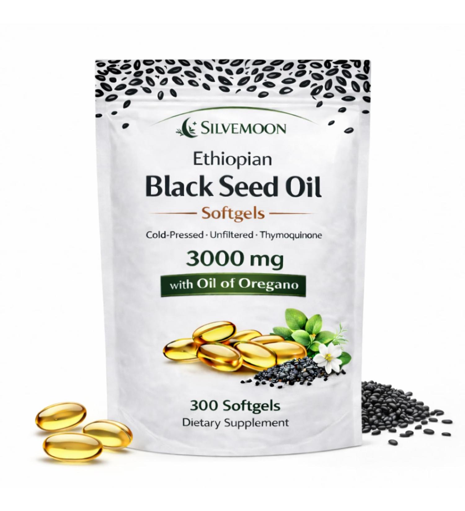SILVEMOON Ethiopian Black Seed Oil Softgels with Oil of Oregano 3000 mg Cold-Pressed Nigella Sativa Plant-Based Herbal 2-in-1 Formula Non-GMO 300 Softgels (100 Day Supply) - Buy Online on GoSupps.com