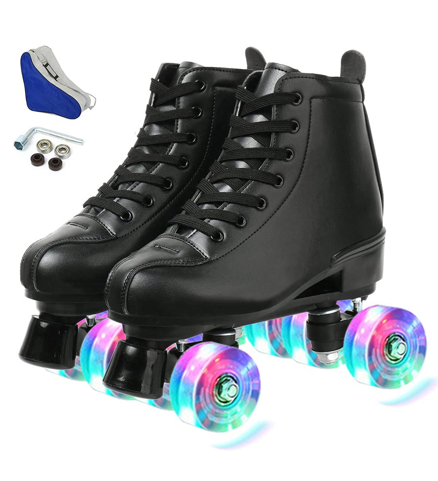 Women's High-top PU Leather Roller Skates | Black Flash Wheels | Size US 7.5 - Buy Online on GoSupps.com
