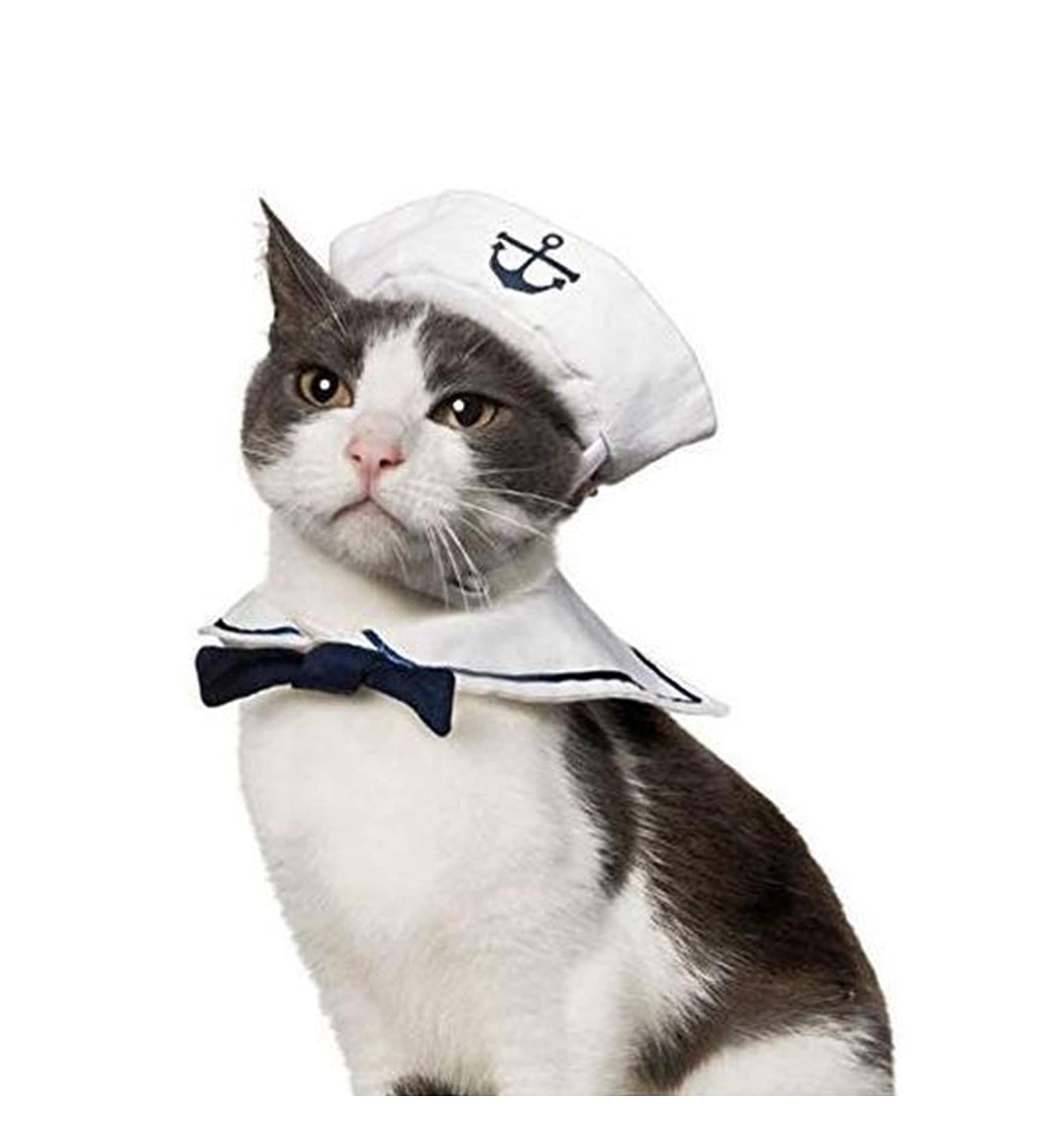 NAMSAN Pet Sailor Costume for Cats and Small Dogs - Halloween Navy Outfit with Sailor Hat and Tie Collar - Cosplay Apparel for Pets - Buy Online on GoSupps.com