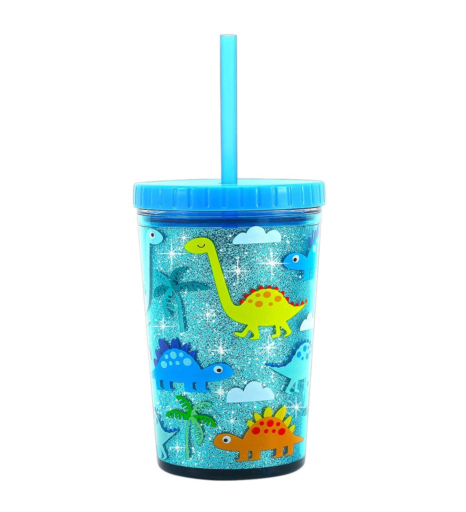 14oz Kids Water Drinking Tumbler Cup - BPA Free Straw Double Walls Lightweight Spill-Proof Water Cup with Cute Design for Girls & Boys-1Pack(Dinosaur)