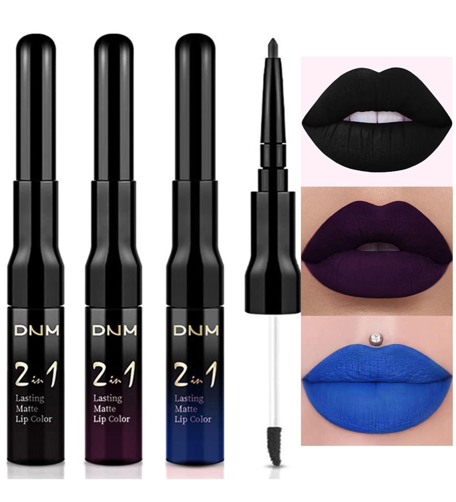DNM 3Pcs Matte Lip Liner & Liquid Lipsticks Set - Smudge Proof, Long Lasting, Waterproof Makeup Set - Dark Blue, Black, Purple - 24 Hour Wear - Pack of 1 - Buy Online on GoSupps.com