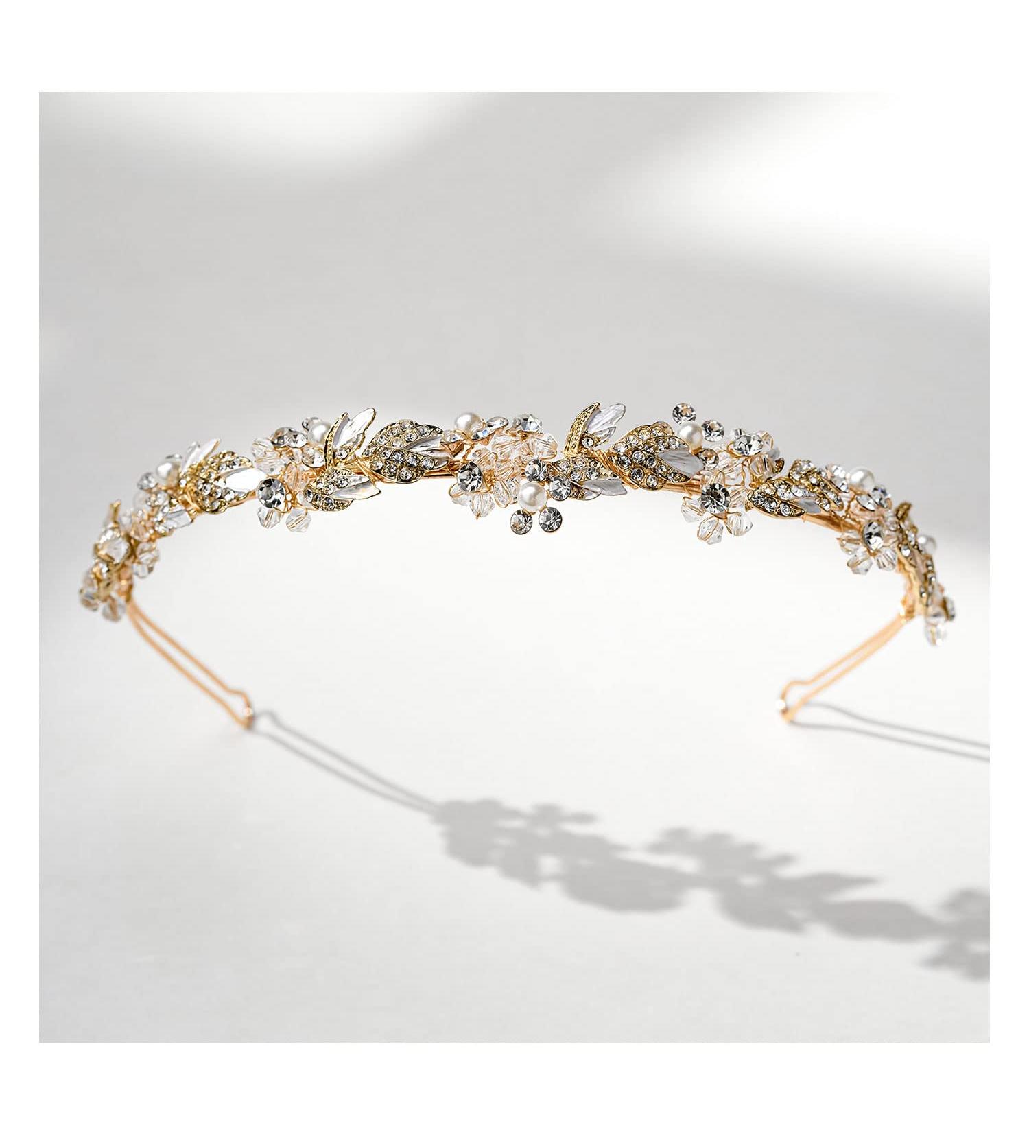 SWEETV Crystal Tiara Rhinestone Bridal Headband - Gold Wedding Hair Accessory for Bride - Buy Online on GoSupps.com