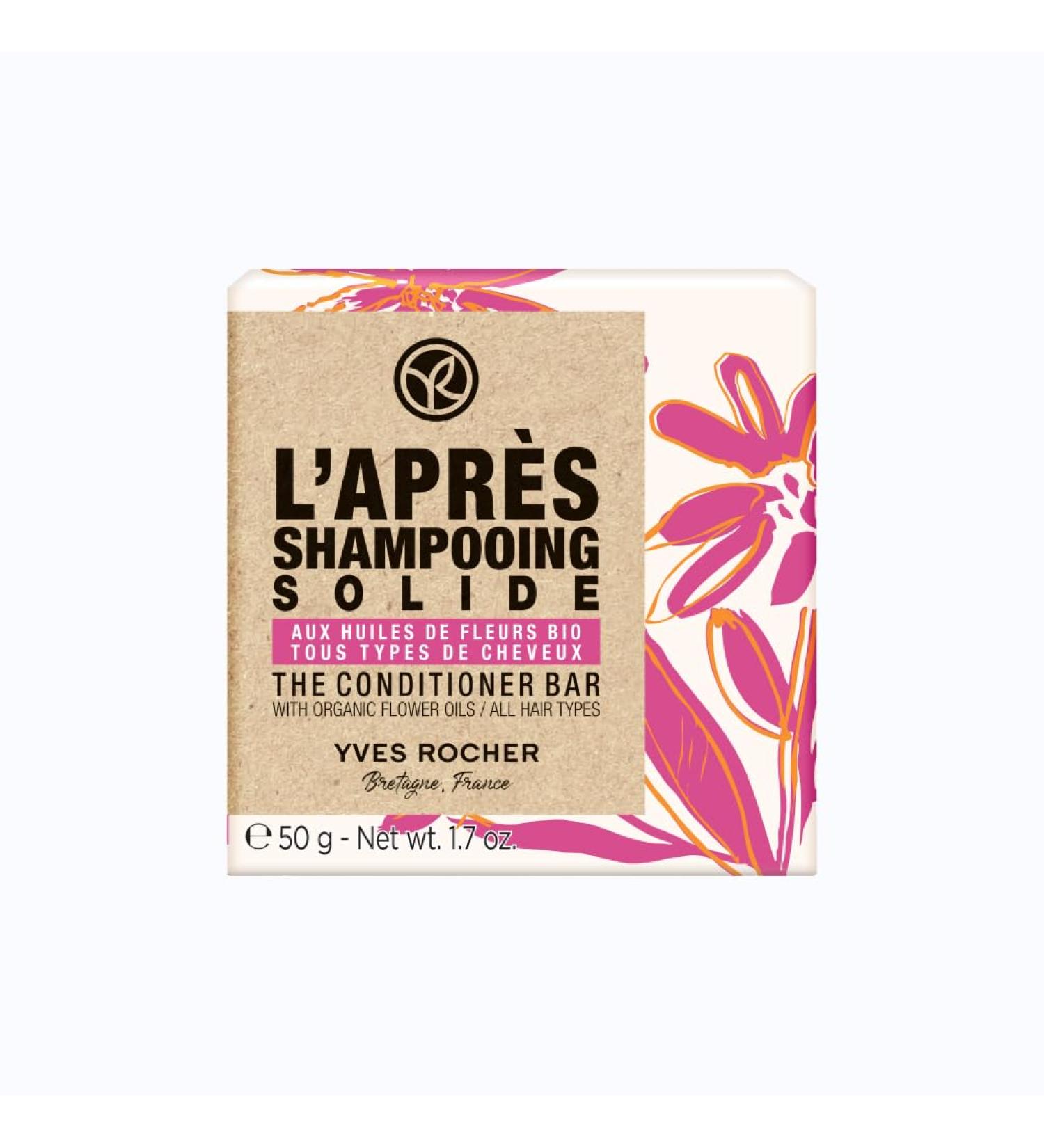 Yves Rocher Solid Hair Conditioner Bar Silicone free | Zero Plastic Waste Recyclable Cardboard & Eco-Friendly | Vegan Formula for All Hair Types | Made with Organic Flower Oils for Nourished & Detangled Hair | Bar 50 g - Buy Online on GoSupps.com