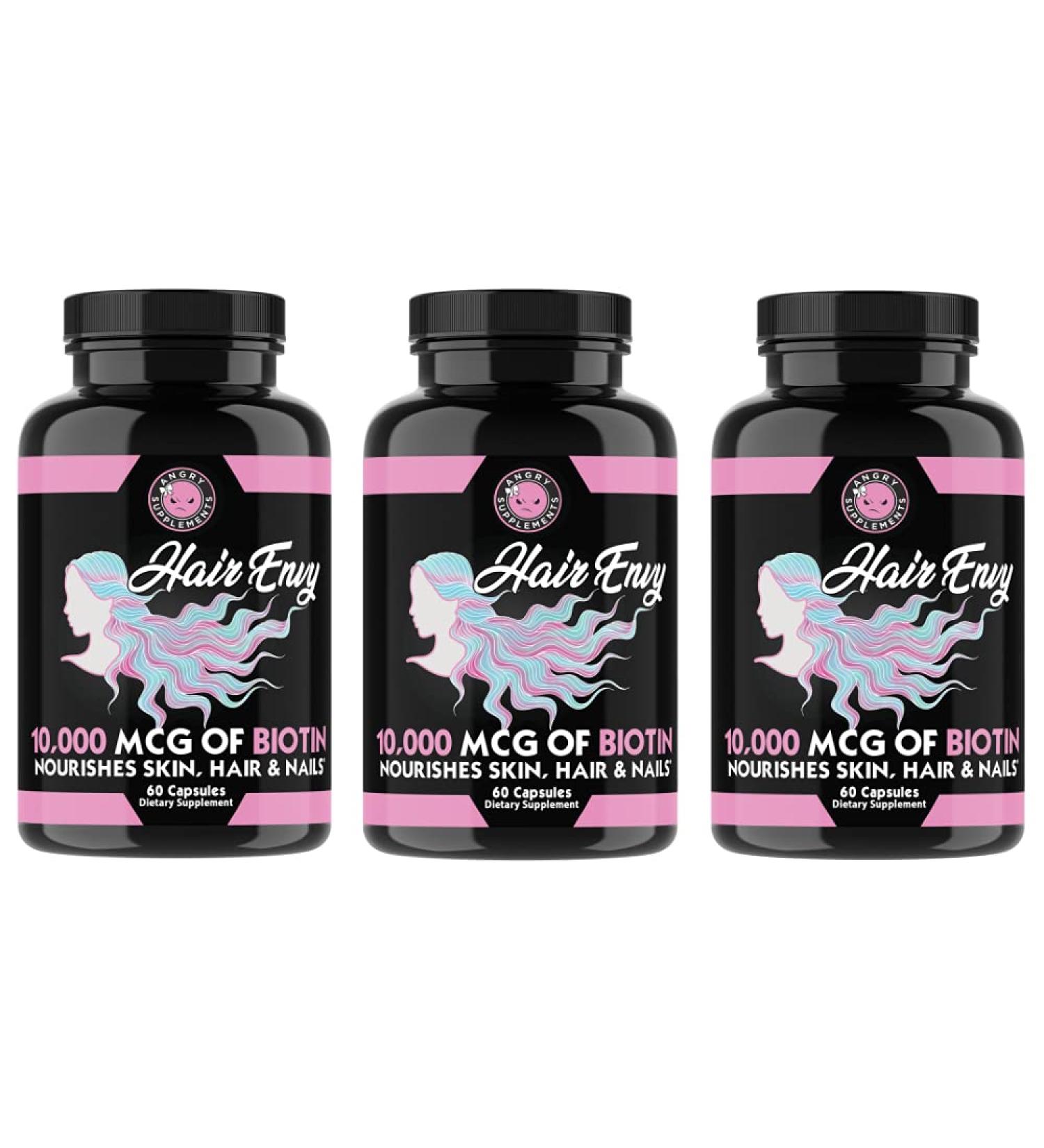 Angry Supplements Hair Envy - 10,000mcg Biotin & Keratin - Hair Growth, Nail Strengthening, Skin Nourishing - Natural Remedy for Damaged Hair - 3 Bottles - Buy Online on GoSupps.com