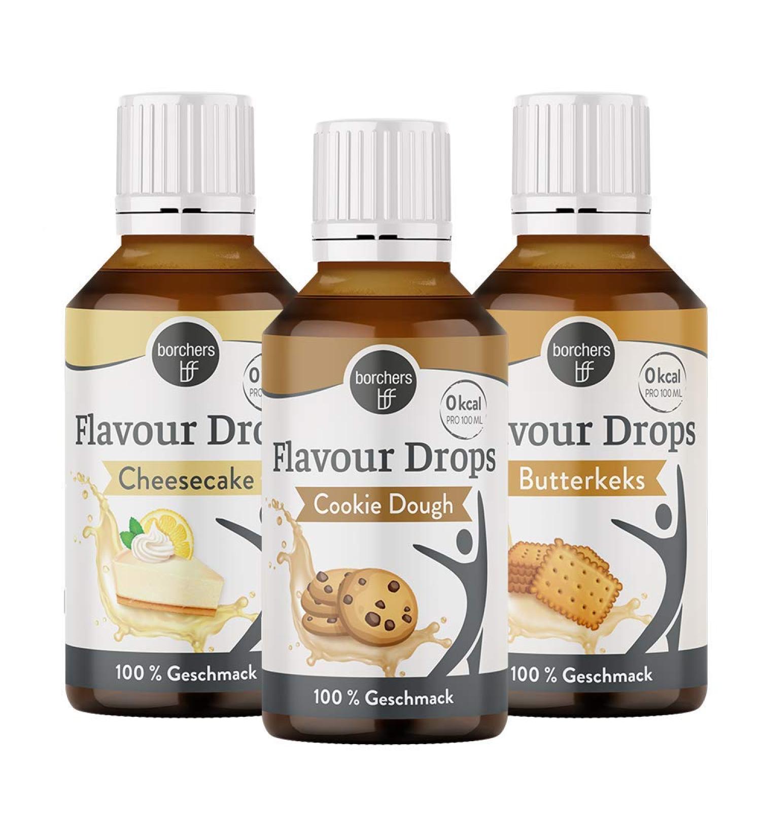 Borchers Flavor Drops Tasting Package - 3 x 30ml (Cheesecake Cookie Dough Butter Biscuit) | Zero Calories | Perfect for Cooking Baking & Drinks - Buy Online on GoSupps.com