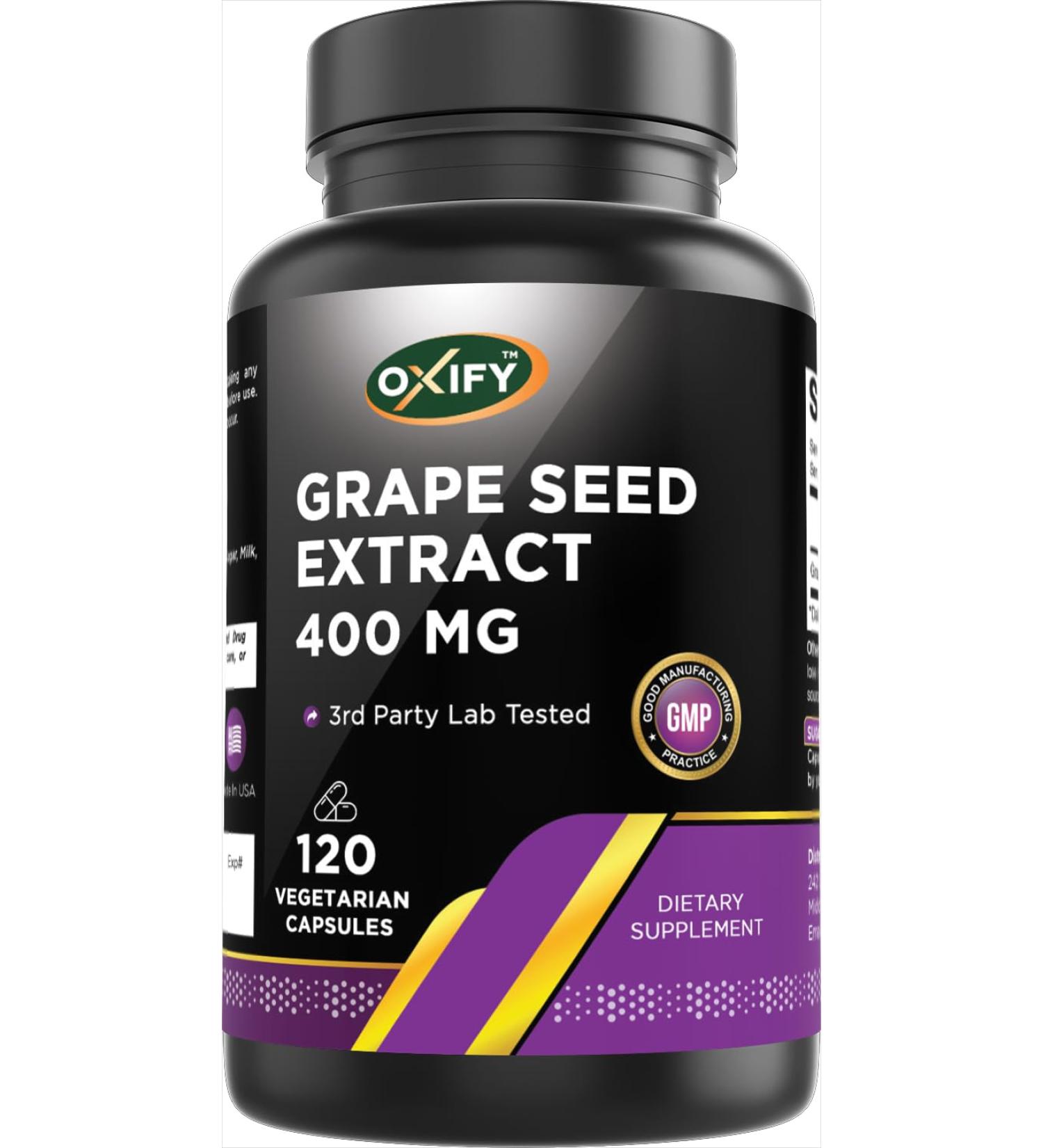 Oxify Grape Seed Extract 400 mg | 120 Vegetarian Capsules | Gluten-Free Non-GMO | Supplement Made in USA