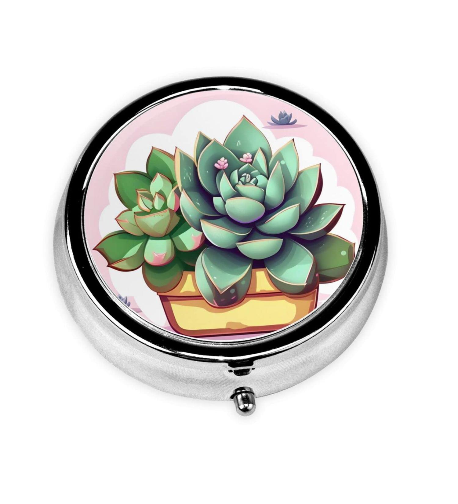 Cartoon Succulent Round Pill Box | 3 Compartment Organizer for Travel & Purse | Portable Pill Case - Buy Online on GoSupps.com