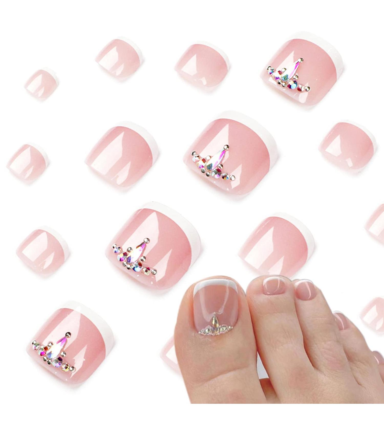Pink Short Square Fake Toenails with Rhinestones - 24Pcs French False Toenails for Women & Girls - Buy Online on GoSupps.com