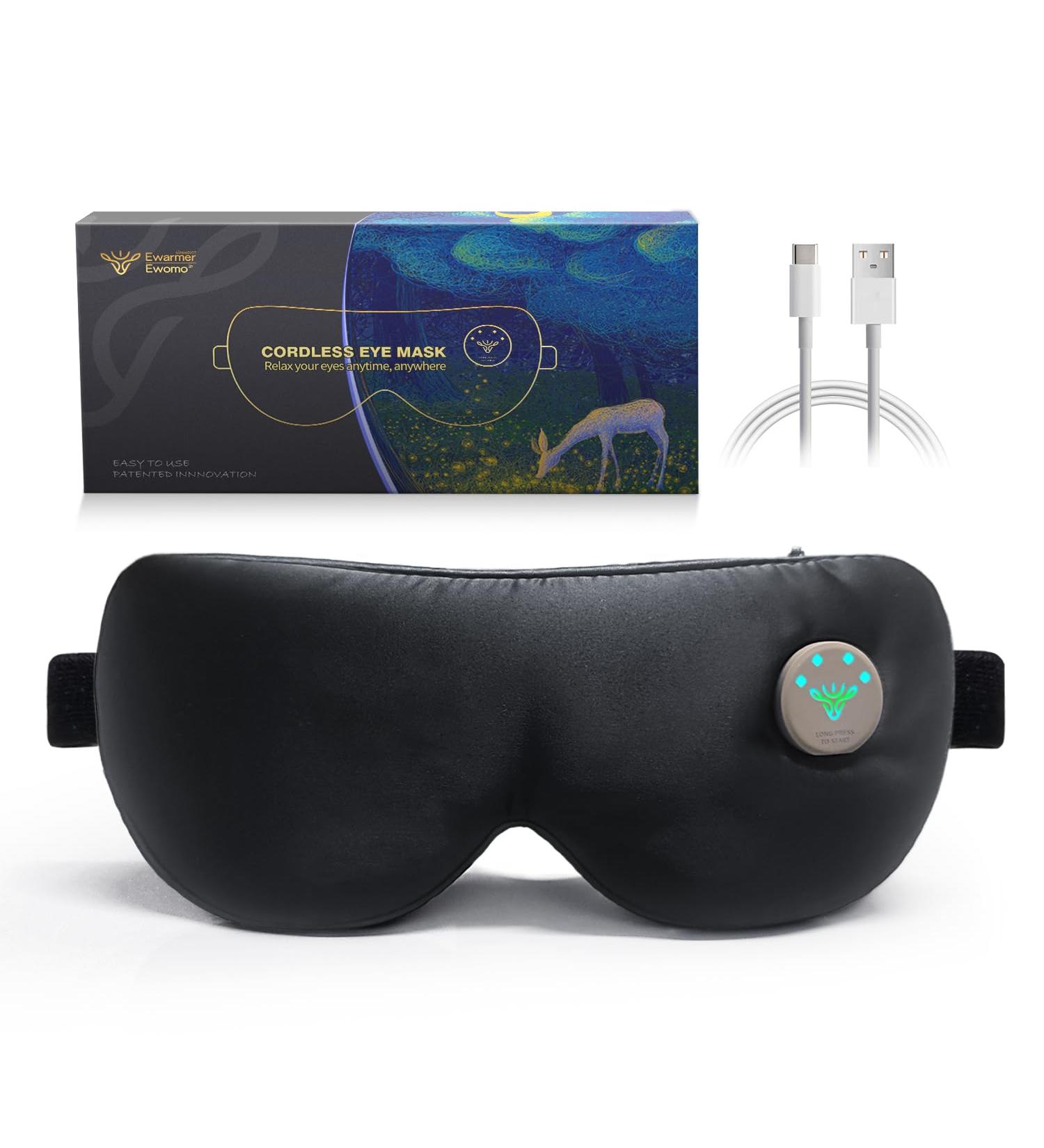 Cordless Heated Eye Mask for Dry Eyes | Real Silk Sleep Mask | USB Rechargeable Eye Compress | Perfect Gift for Mother's Day | Unisex Warm Eye Pad - Bright Black - Buy Online on GoSupps.com