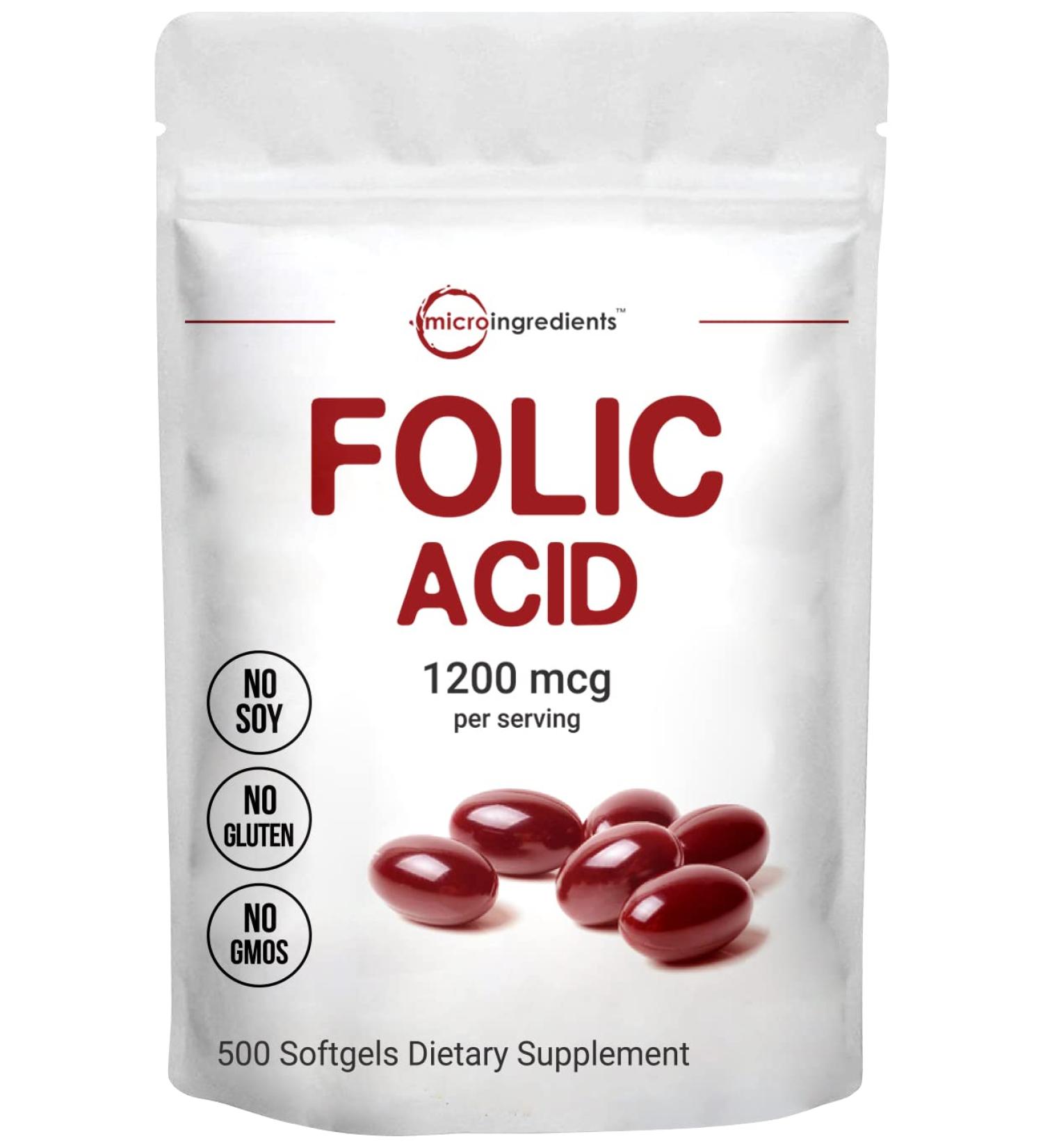 Folic Acid 1200mcg Softgels - 500 Days Supply | Premium Vitamin B9 with Sunflower Seed Oil | Heart Health & Prenatal Support - Buy Online on GoSupps.com