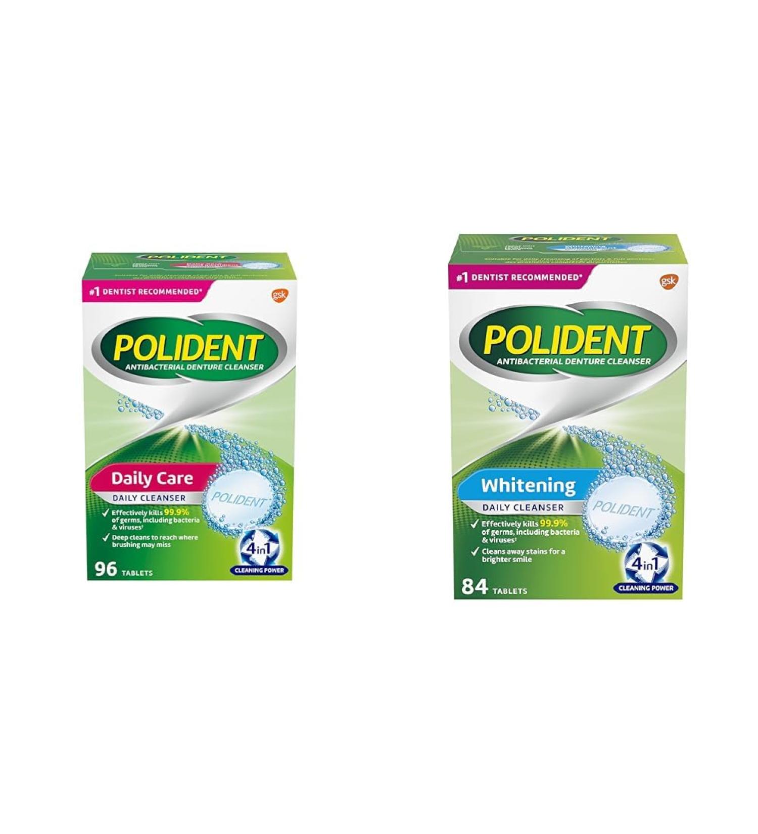 Polident Daily Denture Cleaner 4 in 1 Cleaning System Stain and Plaque Remover Triple Mint Fresh 96 Tablets (Packaging May Vary) & Whitening Denture Cleanser Tablet (Packaging May Vary) Beauty + Cleanser Tablet - Buy Online on GoSupps.com