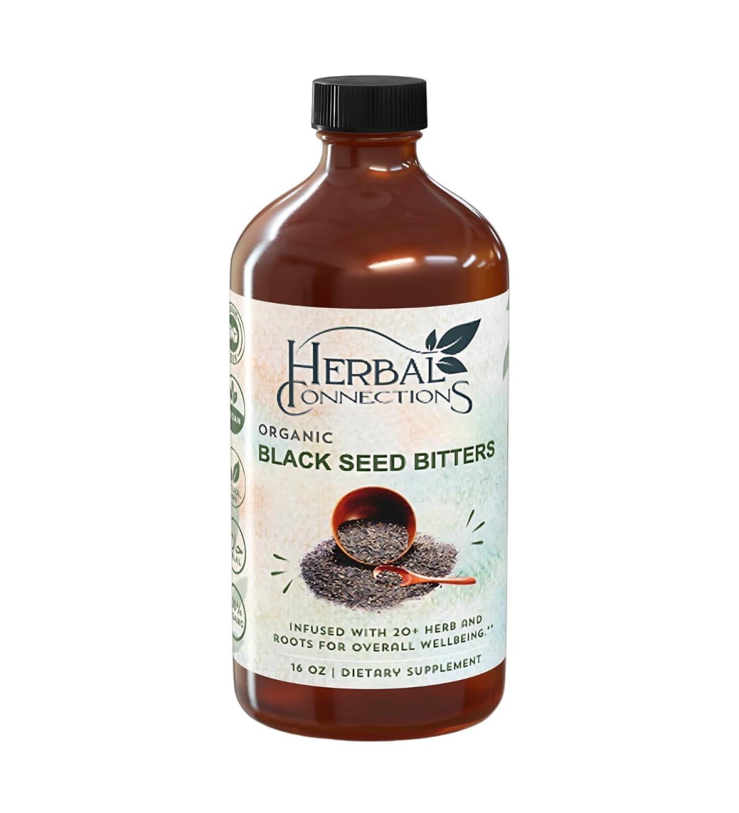 Organic Black Seed Bitters with Maca and Honey - Infused with 20+ Herbs and Roots - Vegan and Gluten-Free 16 Ounces - Buy Online on GoSupps.com