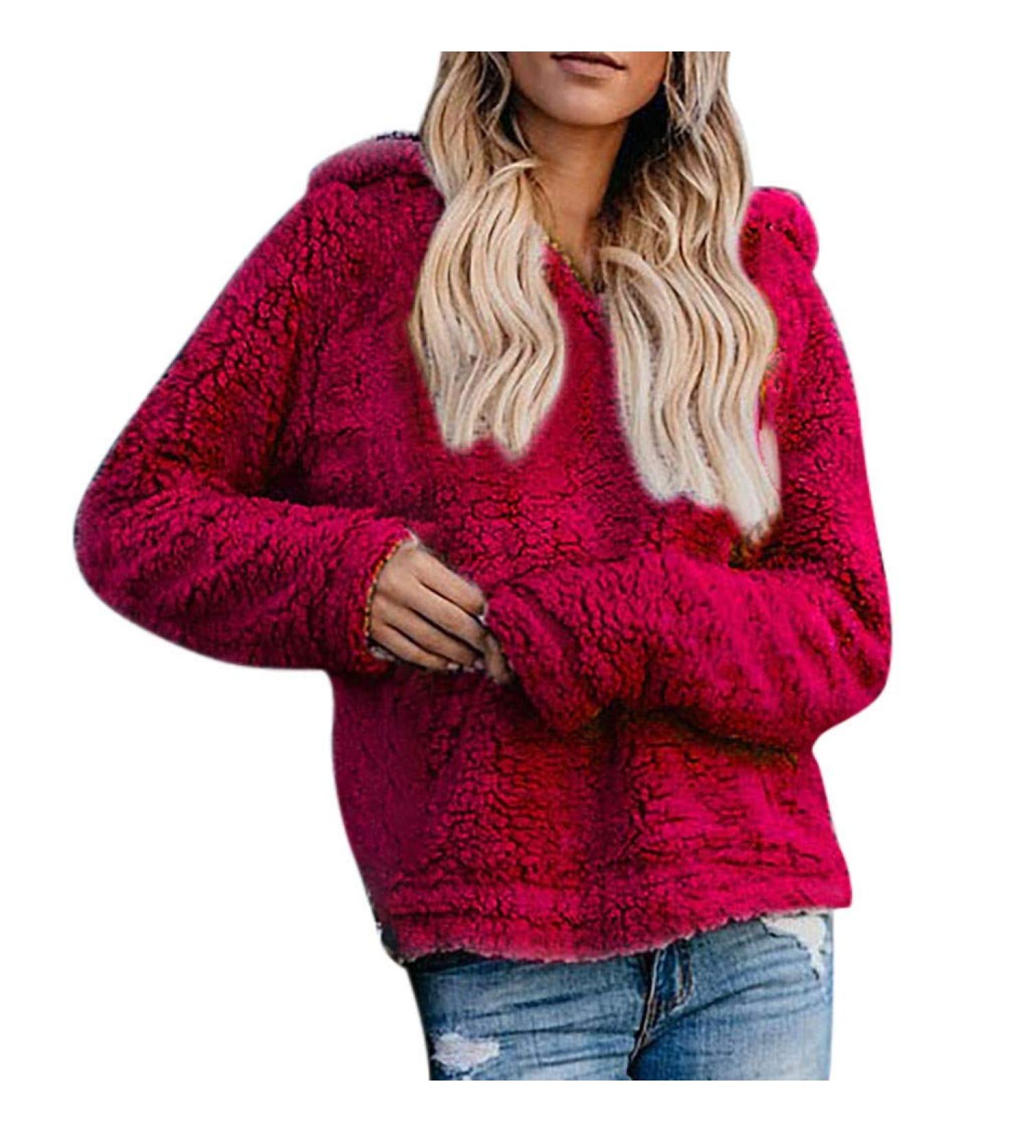 Bigfanshu Women's Sweaters Casual Fleece Long Sleeve Pullover Blouse Shirts Sweatshirt Red - Buy Online on GoSupps.com