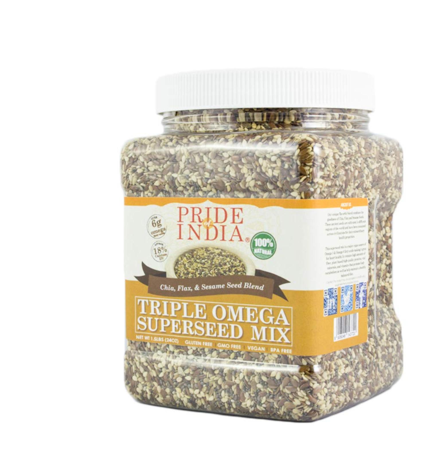 Triple Omega Superseed Mix by Pride of India Chia Flax & Sesame Superfood Mix Jar Triple Omega Health Benefits Booster of Antioxidants/DASH/MIND Diet-Friendly 44 Oz Jar - Buy Online on GoSupps.com