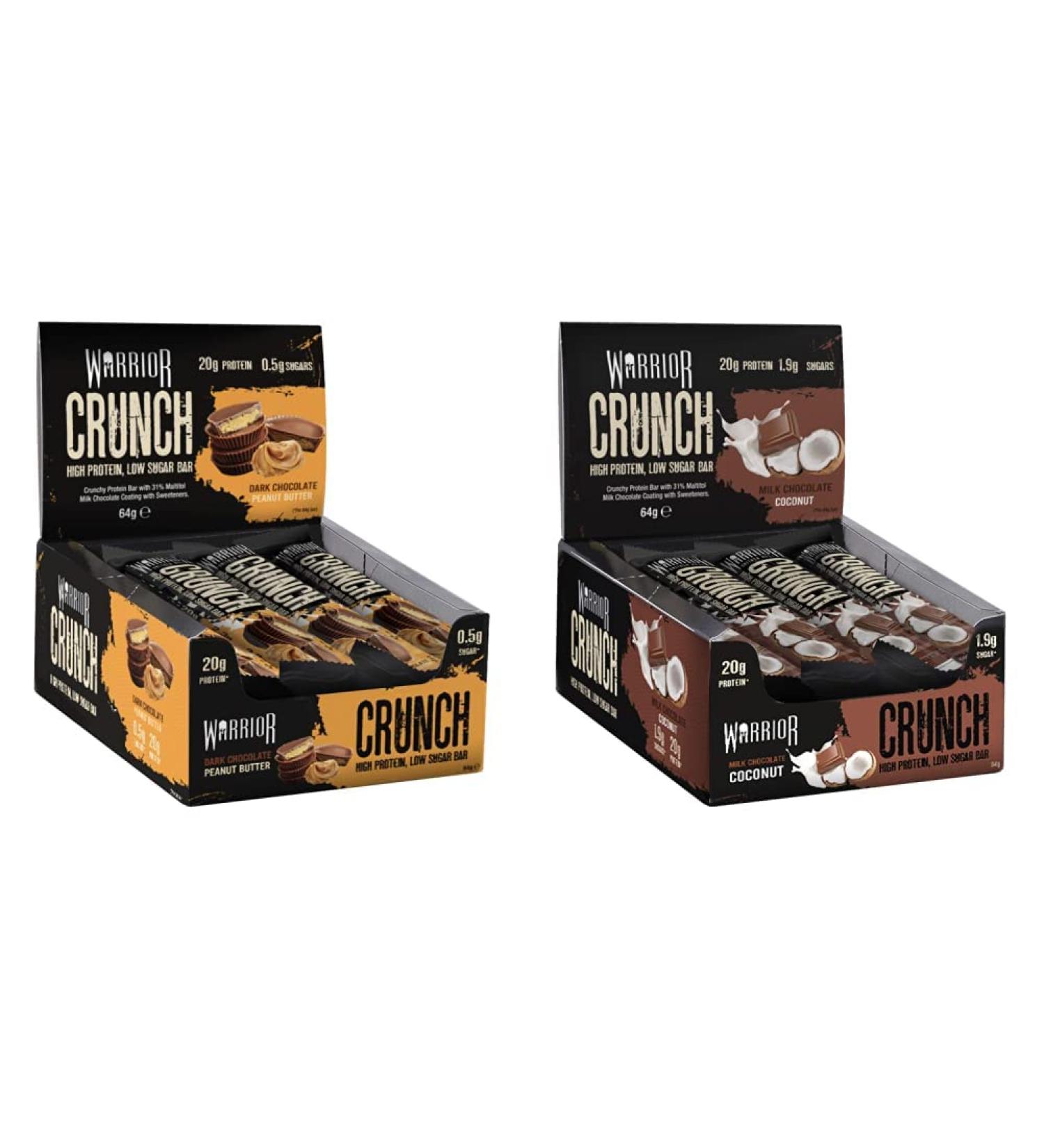 Warrior CRUNCH High Protein Bars - 20g Protein Each - Dark Chocolate Peanut Butter - Pack of 12 x 64g & Crunch Bars Milk Chocolate Coconut 12X64G Dark Chocolate Peanut Butter & Milk Chocolate Coconut + Milk Chocolate Coconut CRUNCH 12 Bars - Buy Online on GoSupps.com