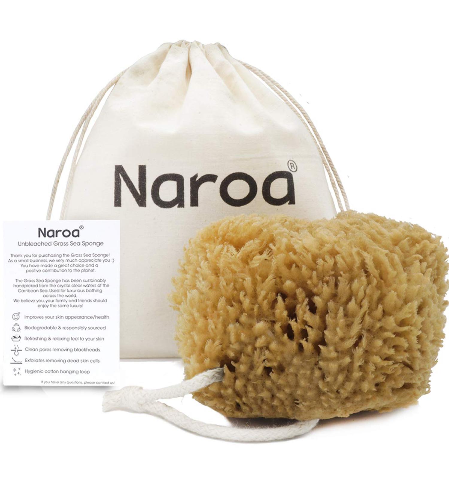 Natural Exfoliating Sea Sponge | Naroa Unbleached Grass Body Puff for Adults | Mediterranean Scrub with Rope - Buy Online on GoSupps.com