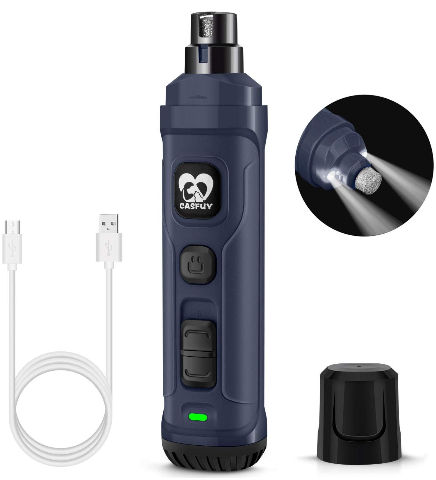 Casfuy Claw Grinder for Dogs & Cats - 2 LED Lights 2 Speeds Quiet & Powerful - Perfect for Small & Medium Pets - Navy Blue - Buy Online on GoSupps.com