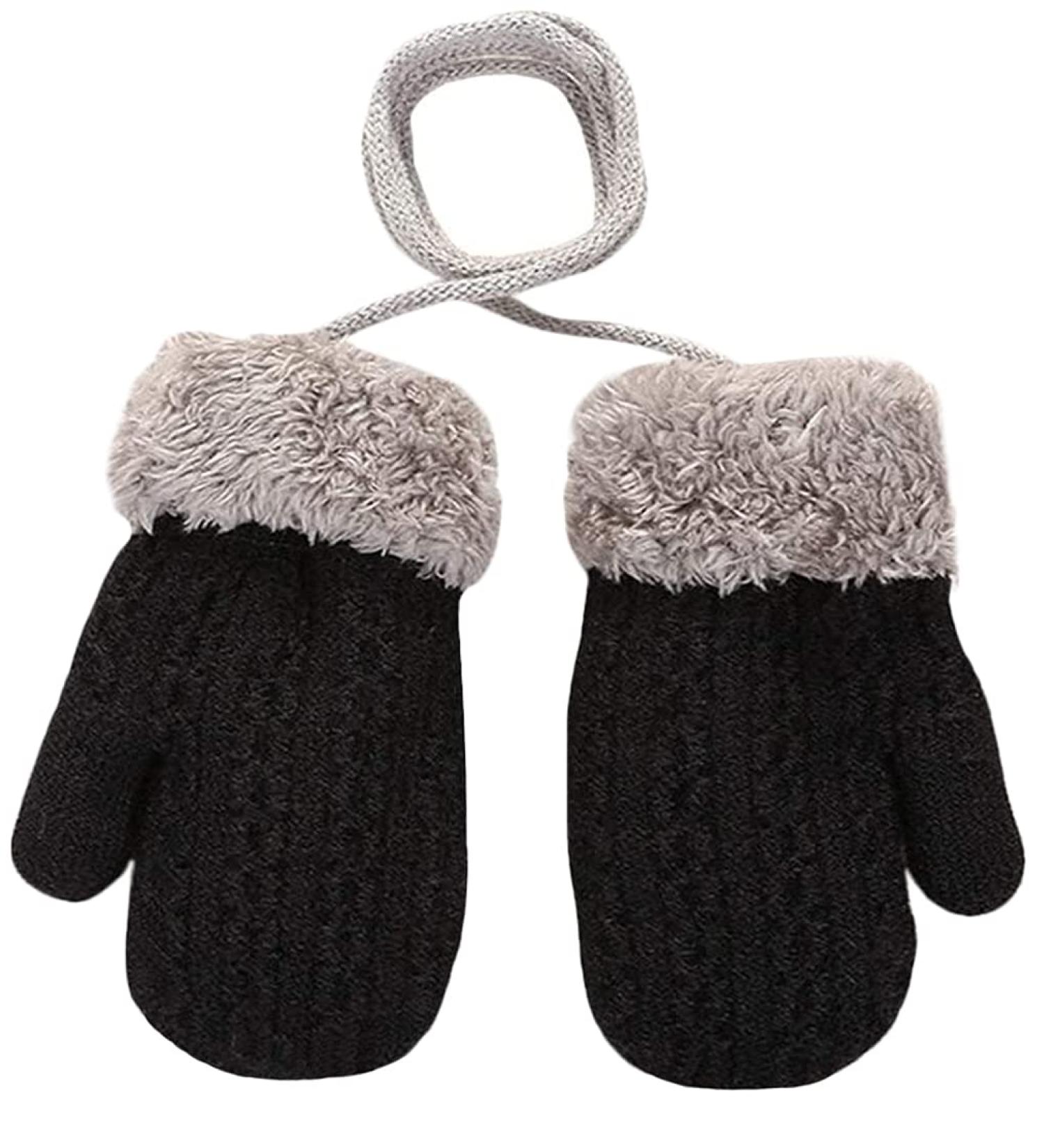 Fleece Lined Baby Toddler Magic Mittens with String - Black | Insulated Winter Gloves for Kids 0-3 Years - Buy Online on GoSupps.com